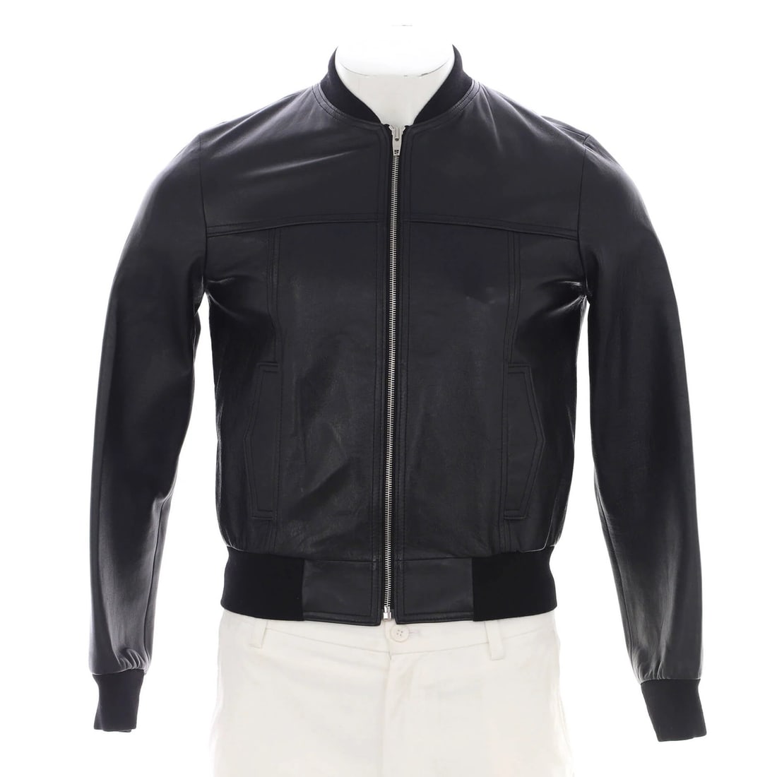 Men's leather jacket zip bomber Celine: Men's leather jacket zip bomber Celine Black leather zip bomber jacket from Celine, featuring a classic design with a silver zipper and minor scuffs on hardware. The jacket has some wear and tear,