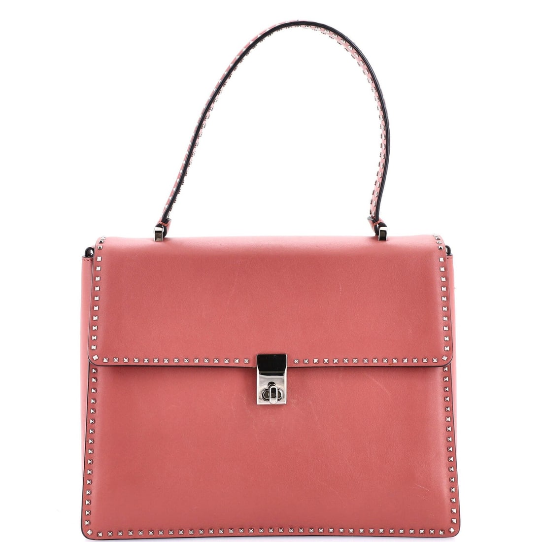 Valentino Garavani Turnlock Top Handle Bag Leather with Micro Rockstuds Medium: Valentino Garavani Turnlock Top Handle Bag Leather with Micro Rockstuds Medium The Valentino Garavani Turnlock Top Handle Bag in pink leather boasts a sleek design with micro rockstuds, adding an