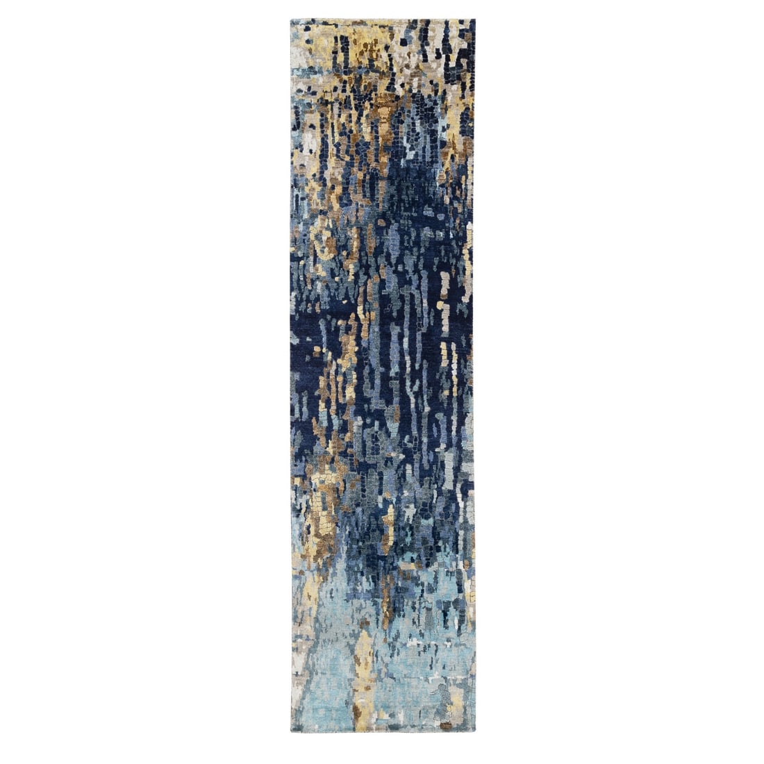 2'6"x10' Denim Blue Mosaic Design Hand Knotted Wool and Silk Rug: 2'6"x10' Denim Blue Mosaic Design Hand Knotted Wool and Silk Rug Hand-knotted with wool and silk, this stunning denim blue mosaic design rug measures 2'6" x 10', boasting a unique blend of vibrant