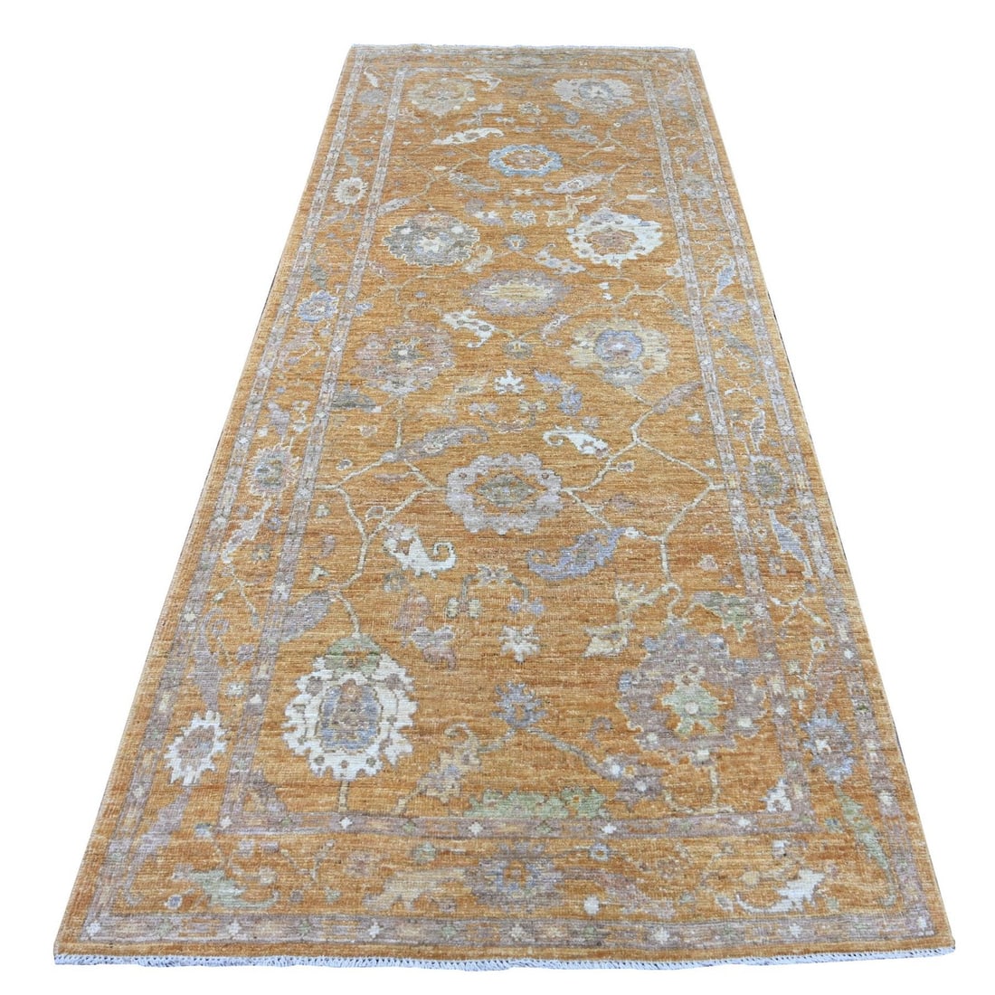 4'1"x10'1" Brown Hand Knotted Wool Afghan Angora Oushak Wide Runner Rug: 4'1"x10'1" Brown Hand Knotted Wool Afghan Angora Oushak Wide Runner Rug This stunning Oushak-style rug boasts a rich, warm brown color and intricate floral patterns woven into its hand-knotted wool