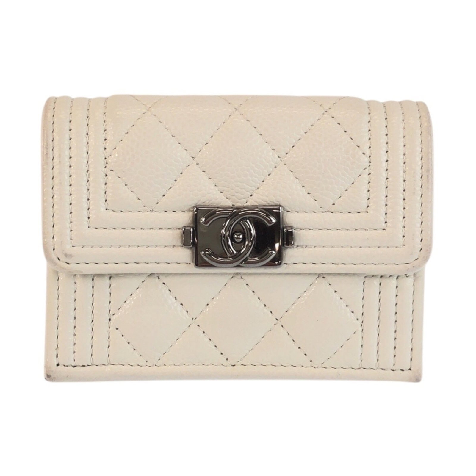 Chanel Wallet (Tri-Fold) Leather: Chanel Wallet (Tri-Fold) Leather This classic Chanel tri-fold leather wallet features clean lines and timeless design, with its crisp white finish standing out. Measuring 8cm x 10cm x 4.5cm, it offers