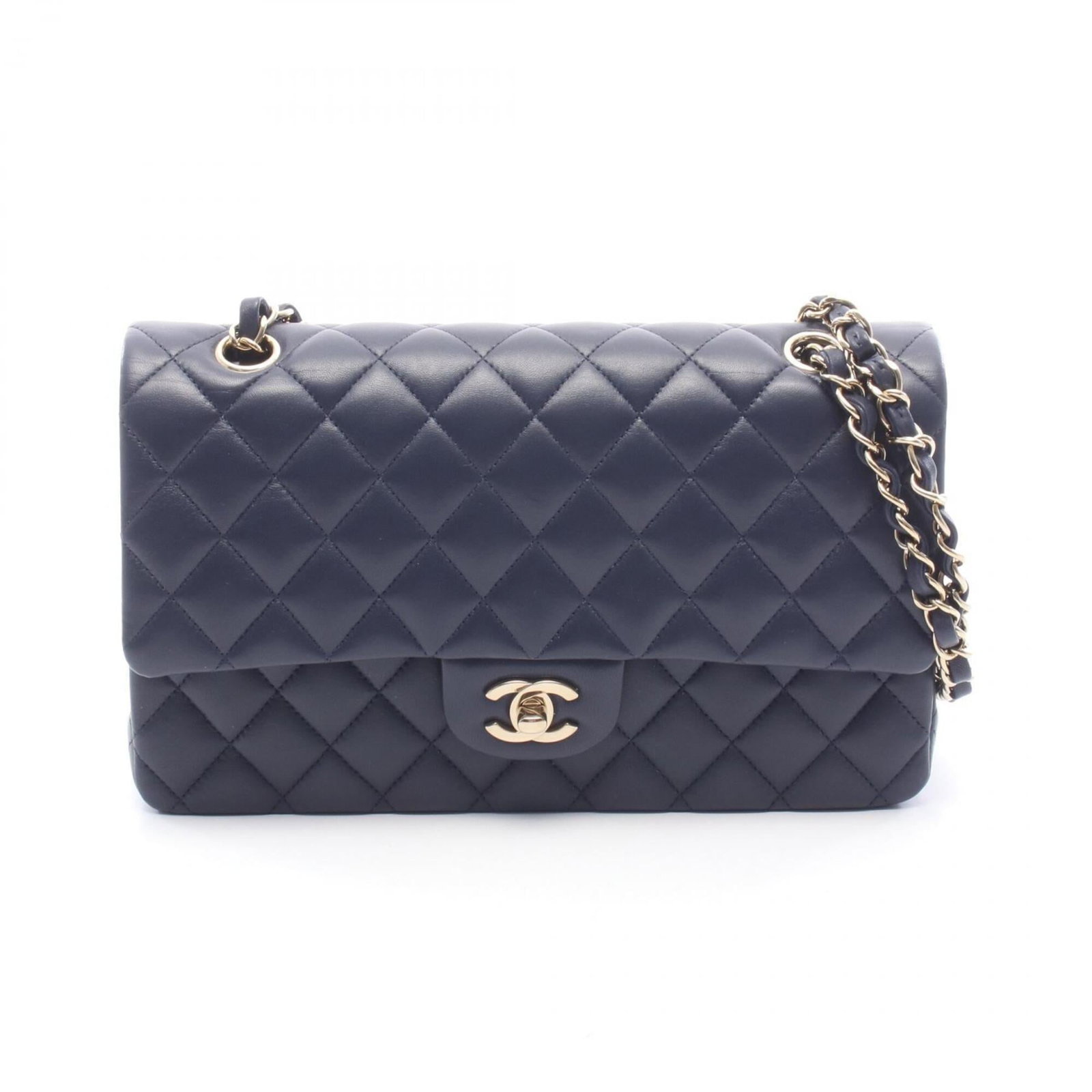 Shoulder Bag Leather: Shoulder Bag Leather Navy leather shoulder bag with gold hardware, featuring a classic design. The bag has some traces of usage, including scratches and dirt, but remains in very good condition