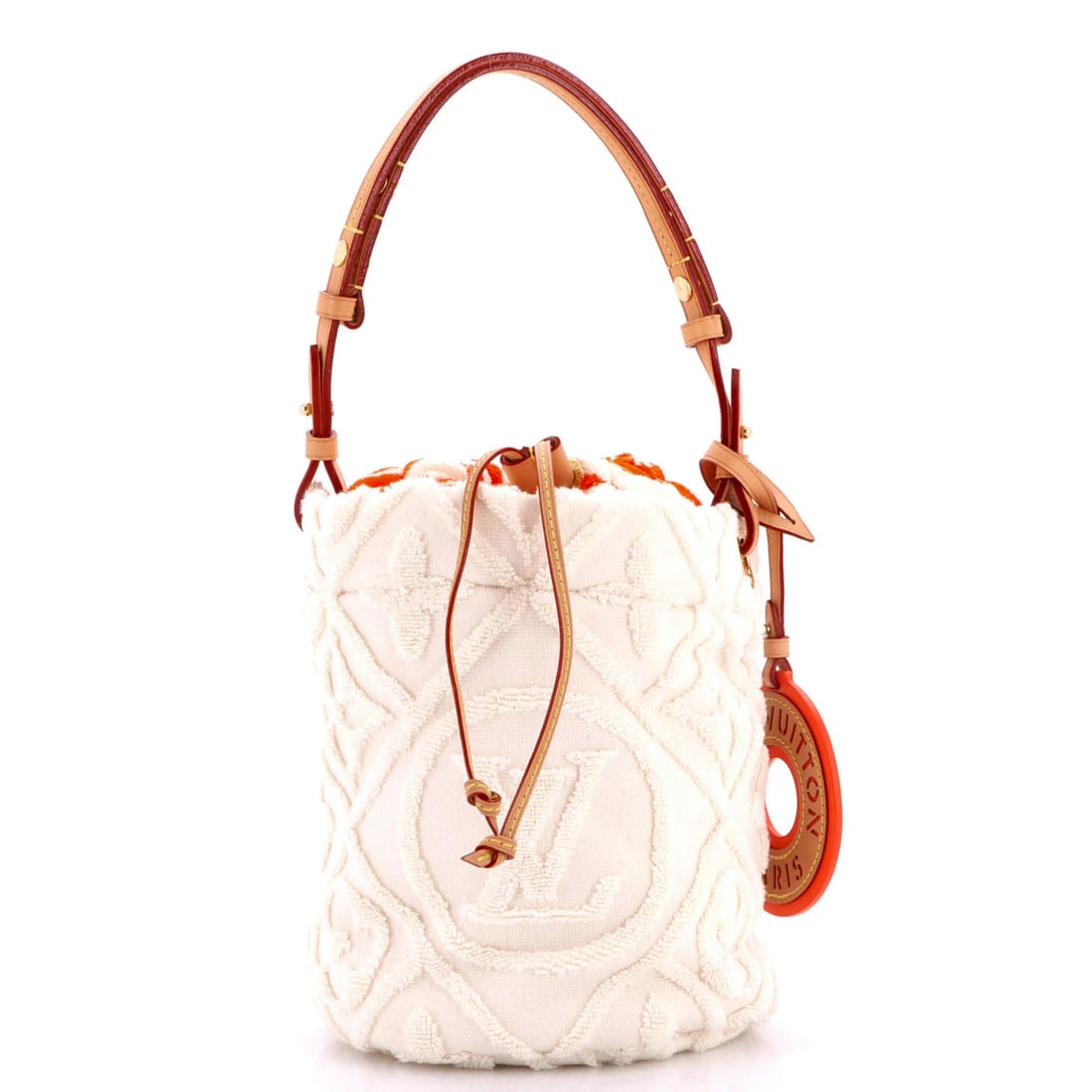 Louis Vuitton LVacation Bucket Bag Terry Cloth: Louis Vuitton LVacation Bucket Bag Terry Cloth White Louis Vuitton LVacation Bucket Bag Terry Cloth features a cotton exterior with slight fraying and minor creases on the handles. The interior