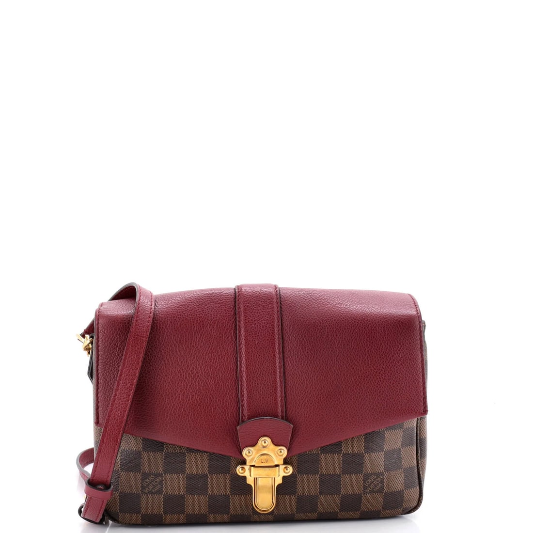 Damier Leather Clapton Handbag Vuitton Louis: Damier Leather Clapton Handbag Vuitton Louis Red Damier Leather Clapton Handbag from Louis Vuitton, featuring a classic cross body design with a brown and red exterior. The bag measures 7" in height,