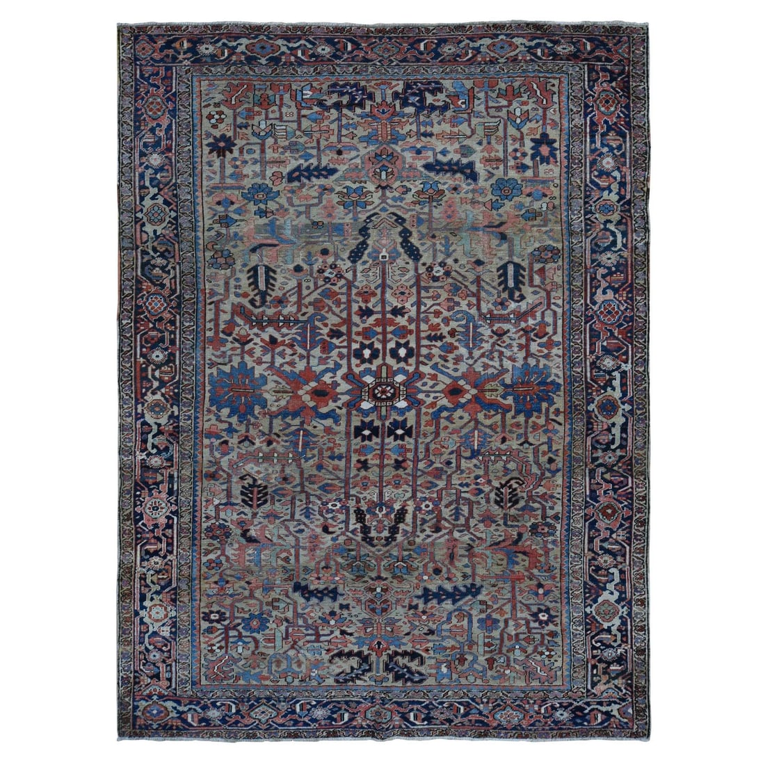 9'3"x12'4" Beige Antique Zoroastrian Heris Pure Wool Hand Knotted Rug: 9'3"x12'4" Beige Antique Zoroastrian Heris Pure Wool Hand Knotted Rug 9'3" x 12'4" Beige Antique Zoroastrian Heris Pure Wool Hand Knotted Rug - A stunning example of Turkish craftsmanship, this hand-k