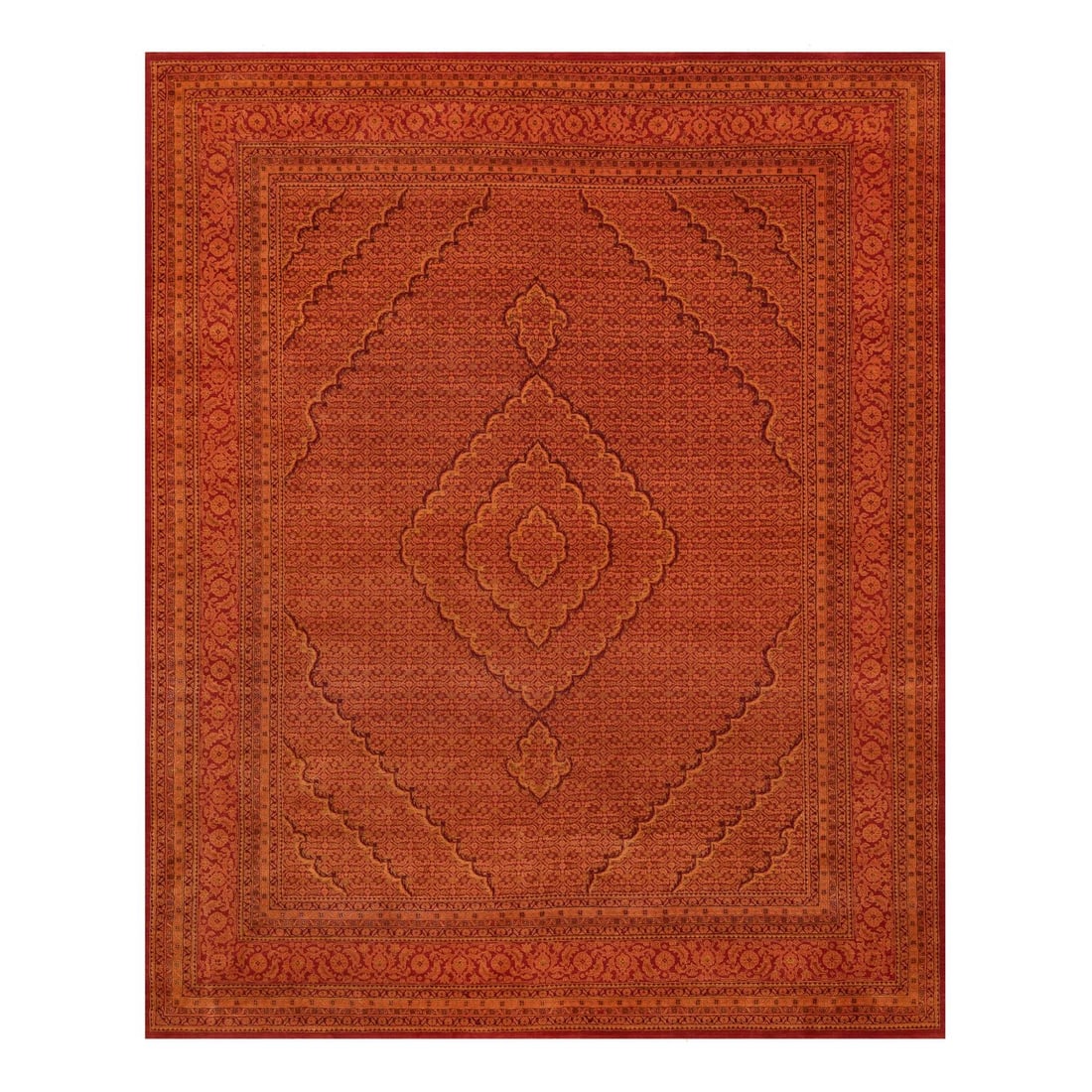 8'1"x10'1" Spicy Orange Wool and Silk Tebraz Mahi Hand Knotted Rug: 8'1"x10'1" Spicy Orange Wool and Silk Tebraz Mahi Hand Knotted Rug This vibrant Spicy Orange wool and silk Tebraz Mahi hand-knotted rug boasts an impressive size, measuring 8'1" x 10'1". Made from