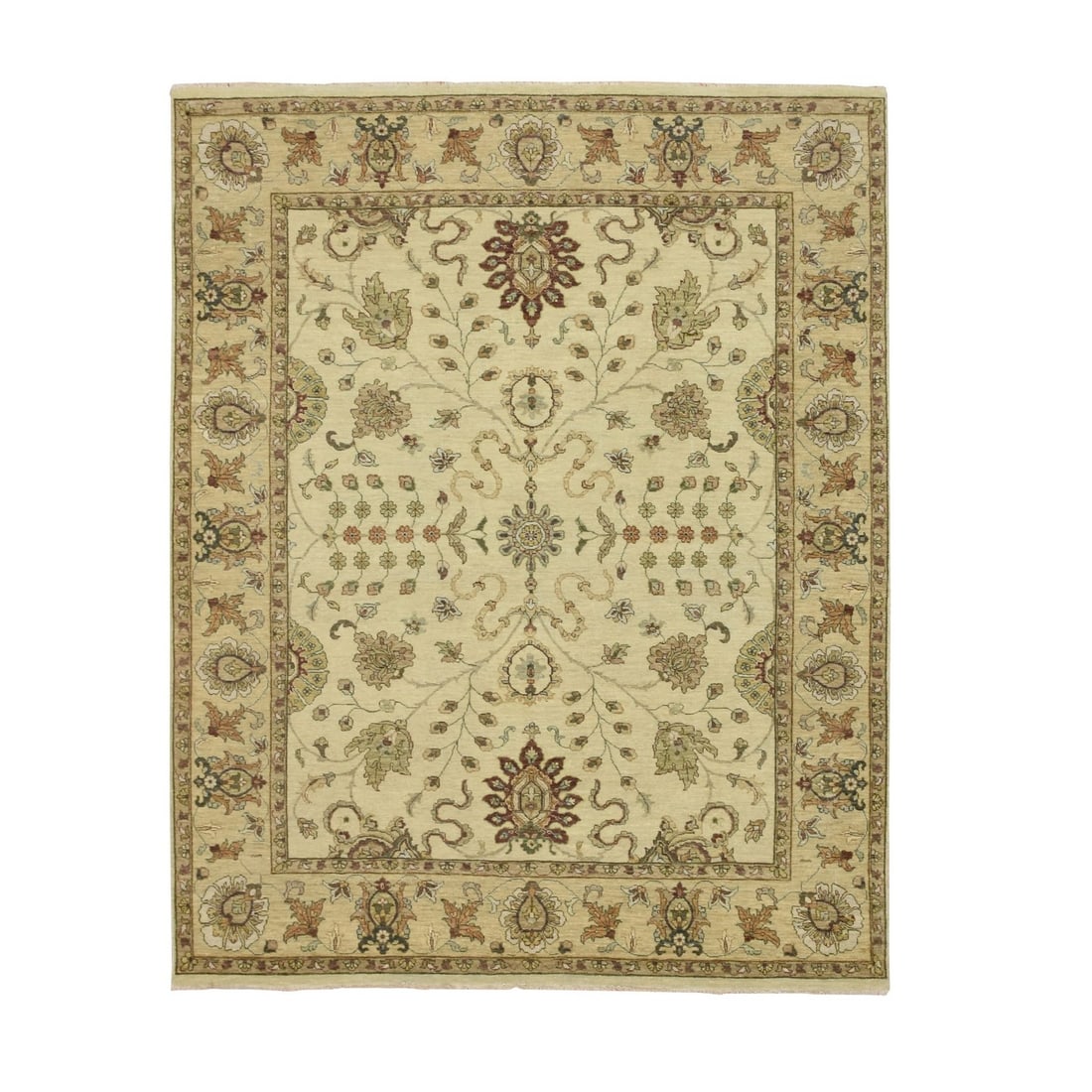 6'5"x8'1" Ivory Hand Knotted Leaf Pattern Agra Ziegler Design Wool Rug: 6'5"x8'1" Ivory Hand Knotted Leaf Pattern Agra Ziegler Design Wool Rug This stunning ivory wool rug boasts an intricate leaf pattern in a beautiful floral design, characteristic of the Agra Ziegler