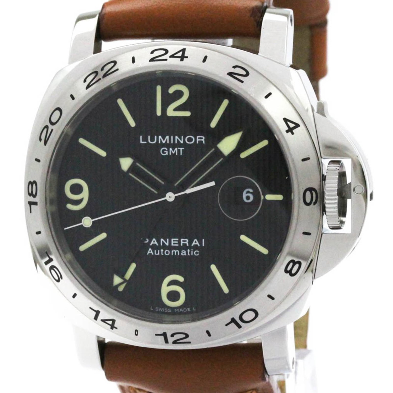 Officine Panerai Wristwatch: Officine Panerai Wristwatch Stainless steel case and leather band make for a sleek, sporty look. This Officine Panerai wristwatch boasts a black dial with subtle signs of wear from previous use.