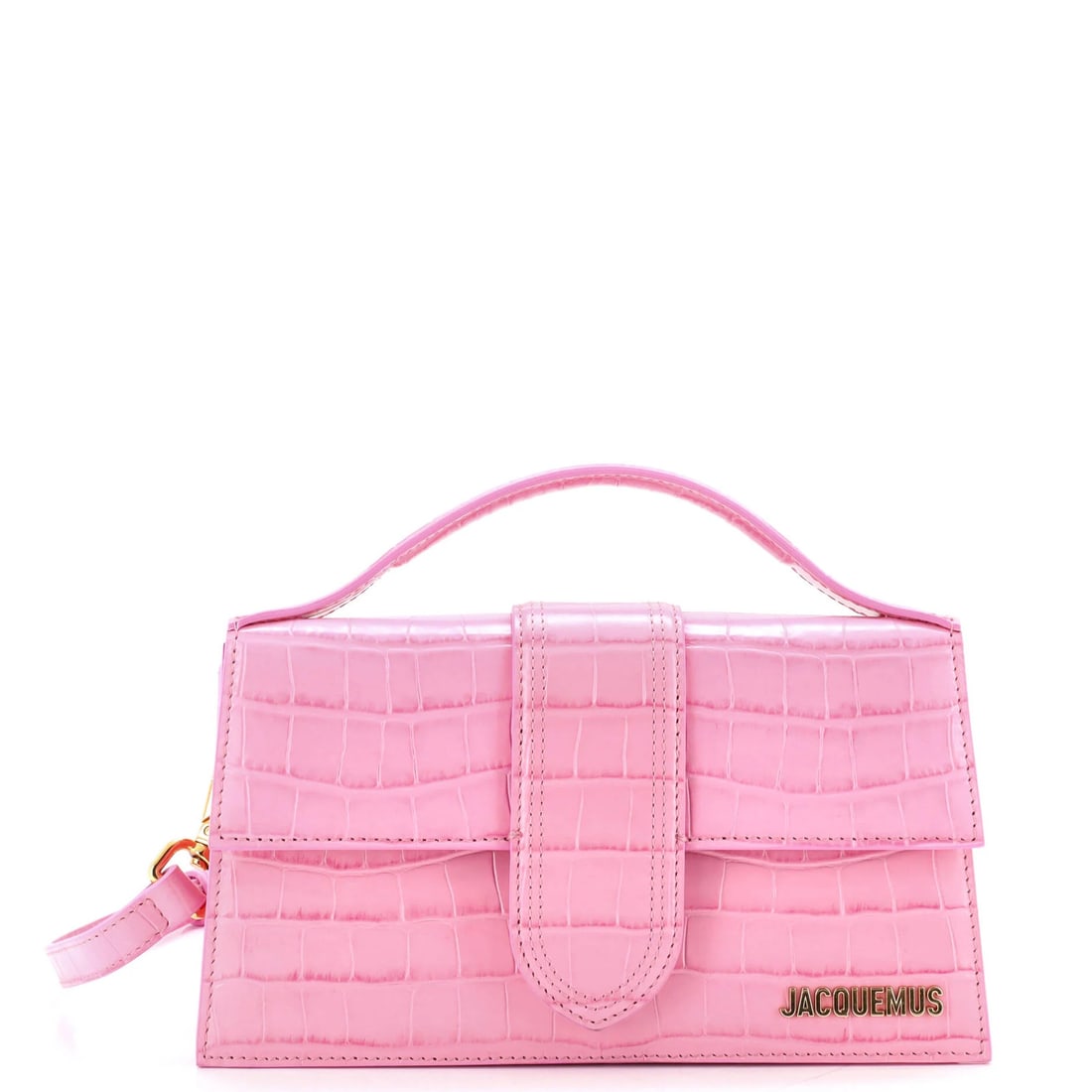 Crocodile Embossed Leather Bambino Grand Jacquemus Flap Bag: Crocodile Embossed Leather Bambino Grand Jacquemus Flap Bag The Crocodile Embossed Leather Bambino Grand Jacquemus Flap Bag boasts striking pink exterior with intricate crocodile embossing, adding a t