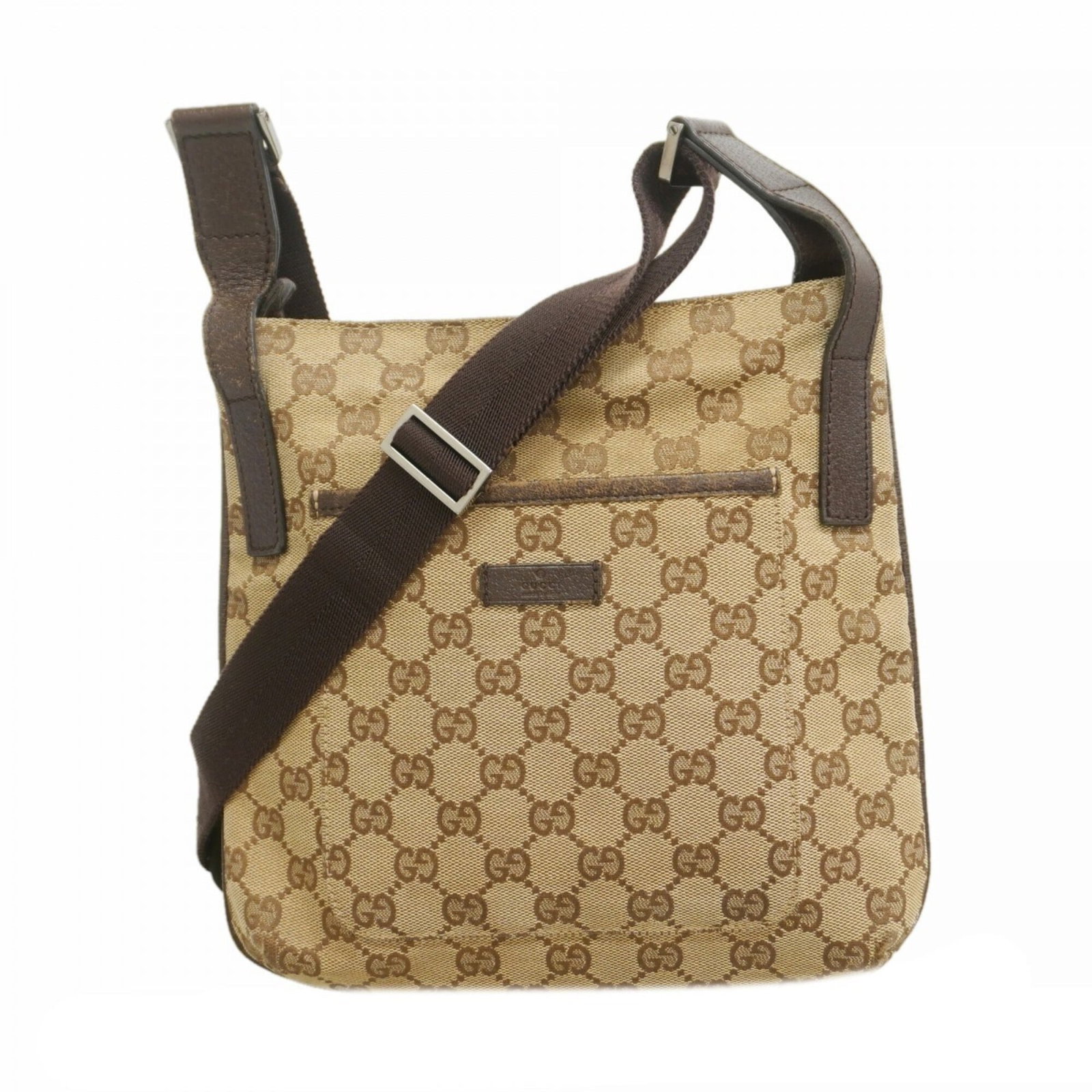 Gucci Shoulder Bag Canvas: Gucci Shoulder Bag Canvas Used Gucci Shoulder Bag Canvas in Brown, featuring silver hardware and a classic design. This canvas shoulder bag has traces of usage with minor scratches and dirt, but remai