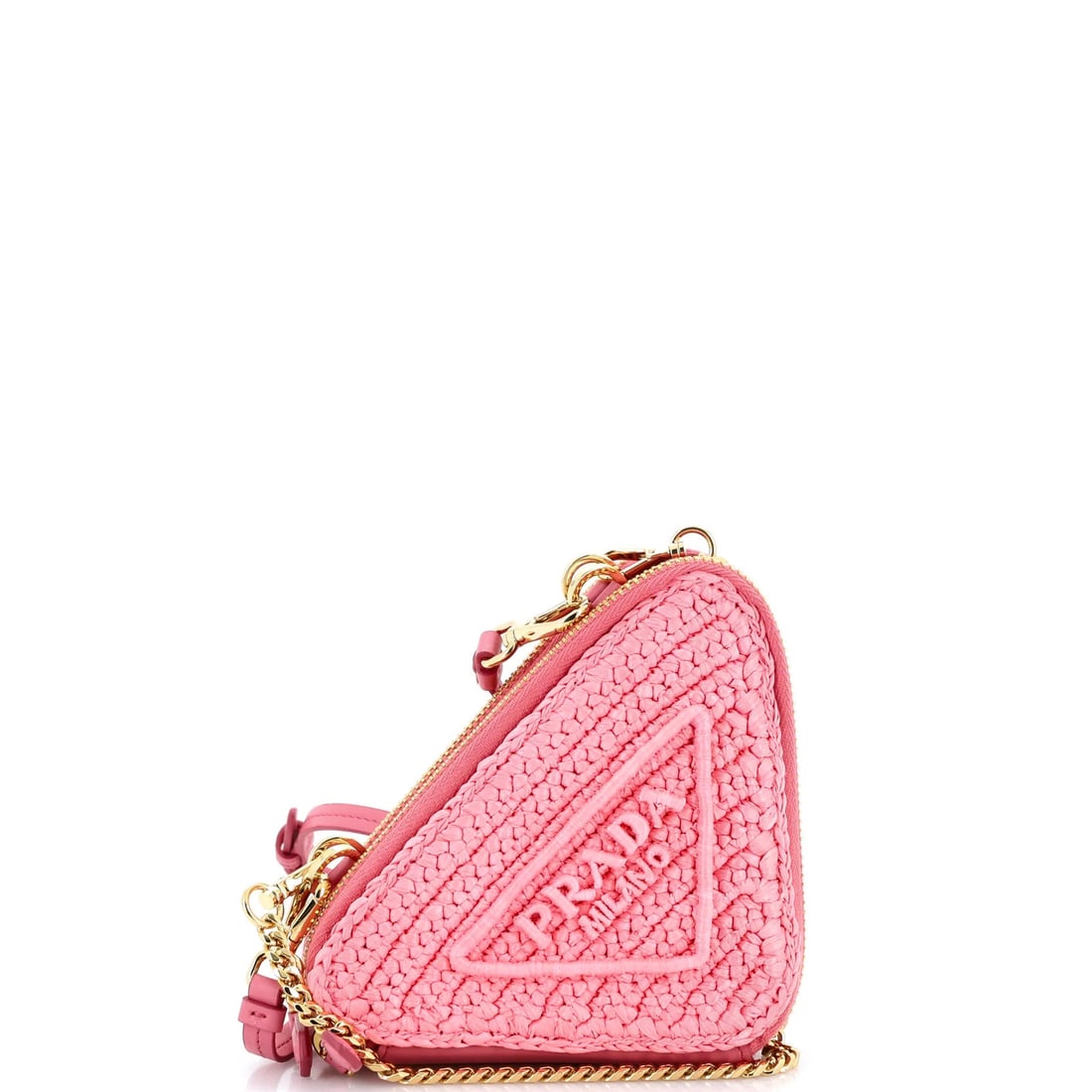 Logo Prada Triangle Raffia Zip Leather Mini Bag Shoulder Around: Logo Prada Triangle Raffia Zip Leather Mini Bag Shoulder Around Pink Prada Triangle Logo Zip Around Shoulder Bag features a unique cross body design with raffia and leather exterior, making it a