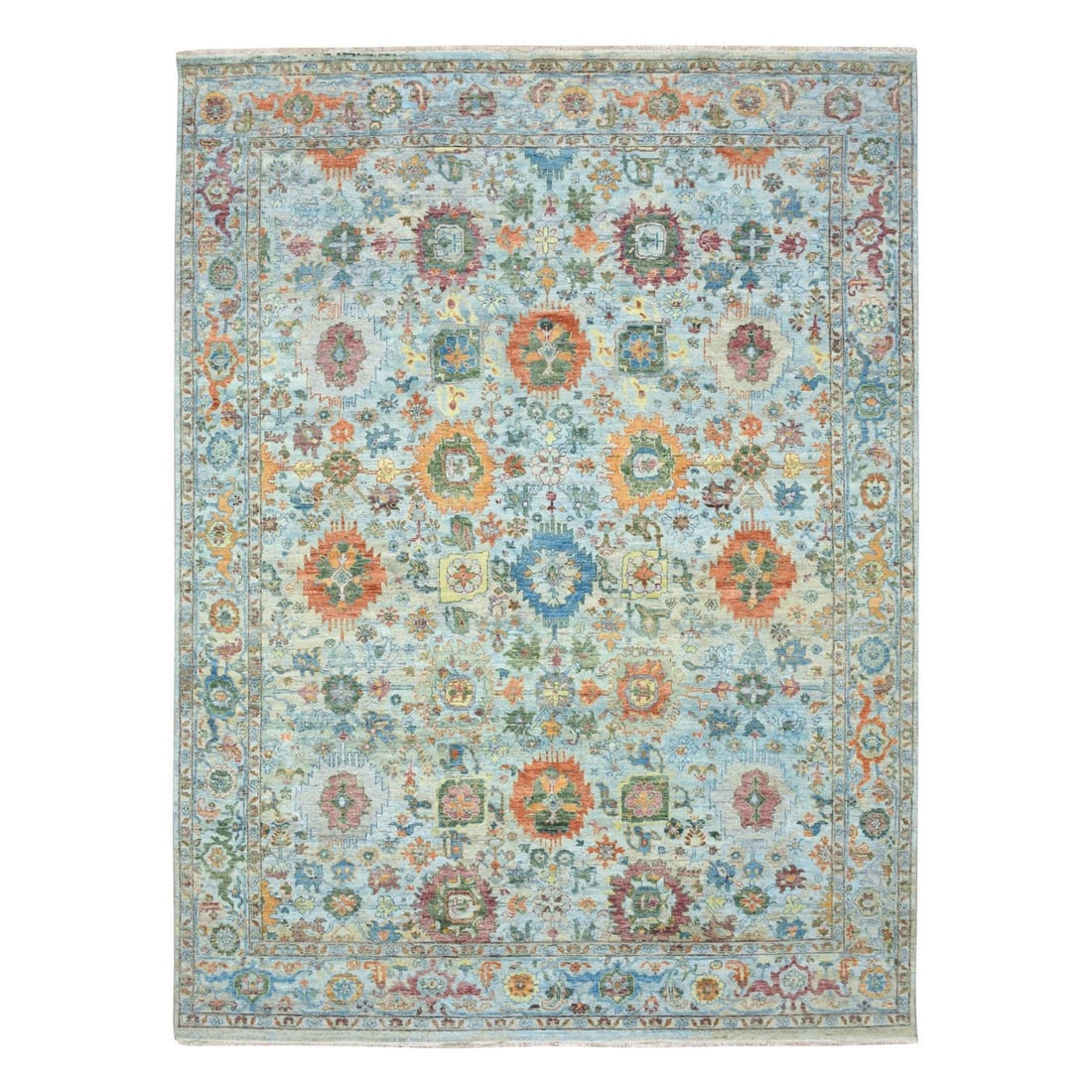 8'10"x12' Arctic Blue Sultanabad Reimagined Hand Knotted Pure Wool Rug: 8'10"x12' Arctic Blue Sultanabad Reimagined Hand Knotted Pure Wool Rug The Arctic Blue Sultanabad Reimagined Hand Knotted Pure Wool Rug boasts an all-over regional design in a stunning blue field,