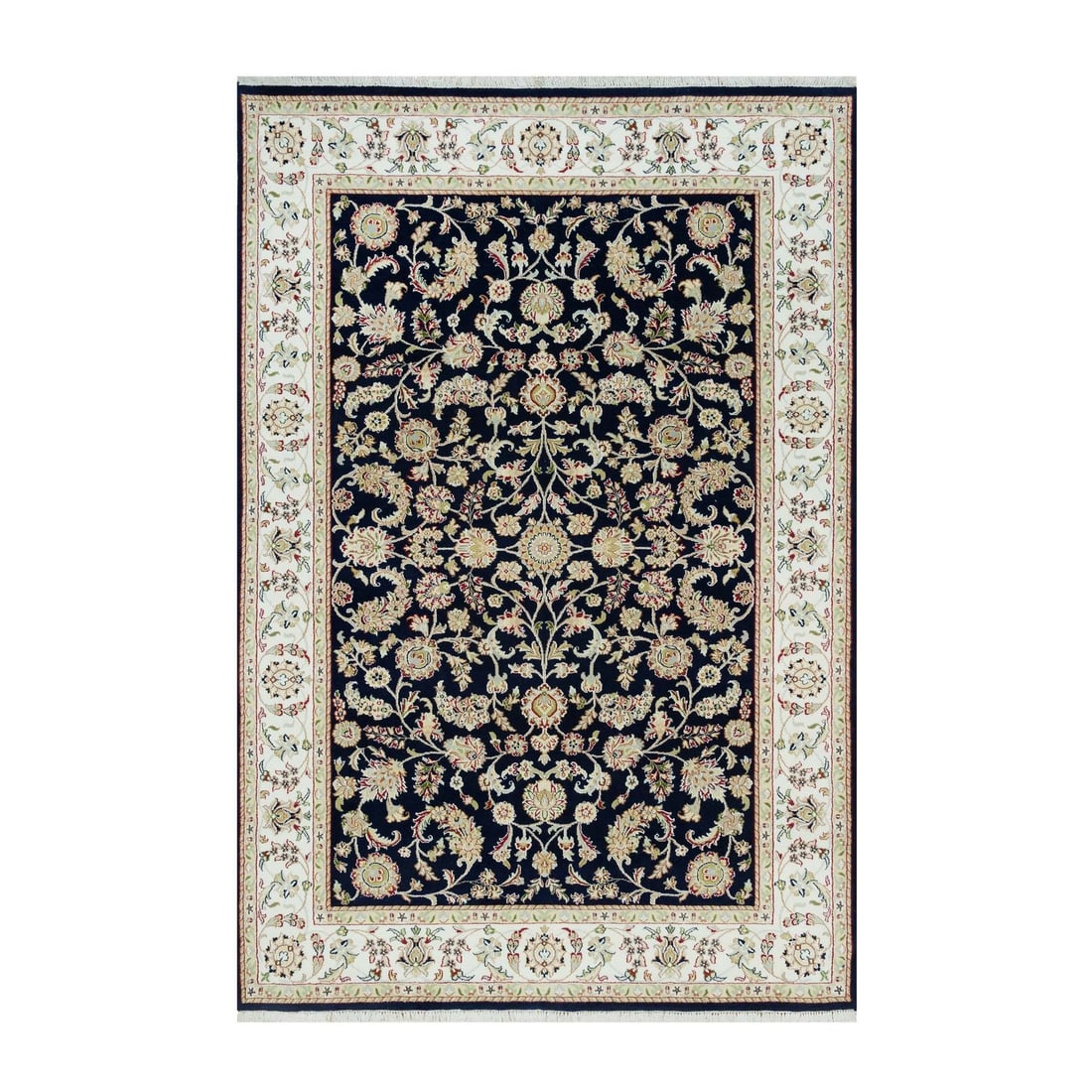 6'1"x9'1" Graphite Blue Hand Knotted Nain Design 250 KPSI Pure Wool Rug: 6'1"x9'1" Graphite Blue Hand Knotted Nain Design 250 KPSI Pure Wool Rug 6'1"x9'1" Graphite Blue Hand Knotted Nain Design 250 KPSI Pure Wool Rug - A stunning, hand-knotted wool rug with a striking
