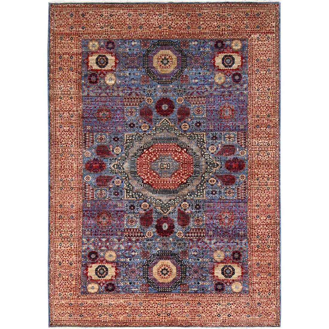 6'x8'7" Blue Hand Knotted 200 KPSI Wool Vegetable Dyes Mamluk Dynasty Rug: 6'x8'7" Blue Hand Knotted 200 KPSI Wool Vegetable Dyes Mamluk Dynasty Rug This stunning Mamluk-style rug boasts a rich blue field with intricate regional design, woven from high-quality wool and
