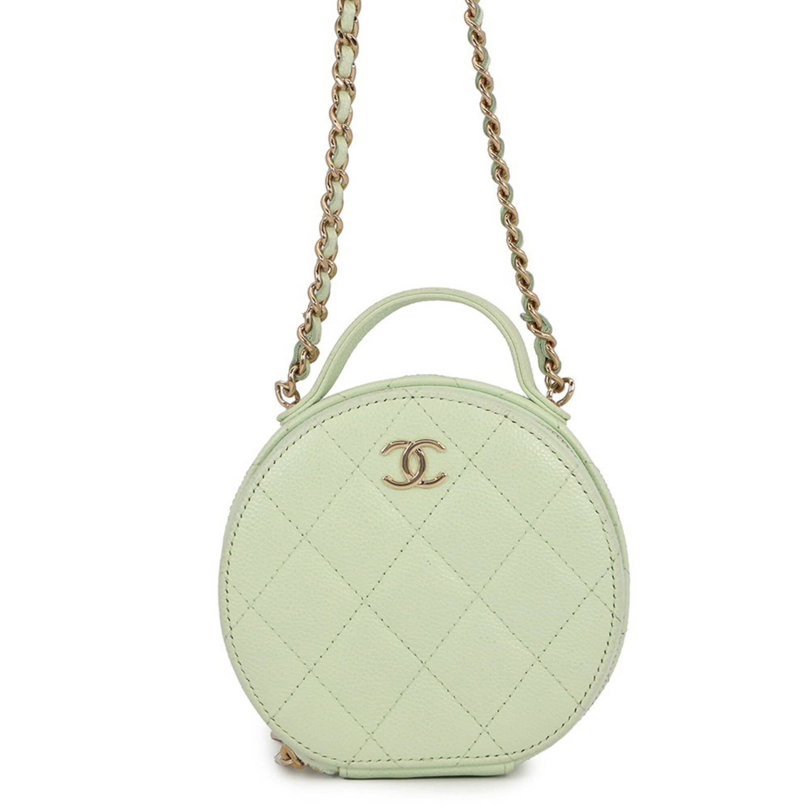 Calfskin Handbag Shoulder Bag Chanel: Calfskin Handbag Shoulder Bag Chanel Chanel's iconic design takes center stage in this light green calfskin shoulder bag, adorned with champagne gold hardware. The subtle scratches and minor dirt