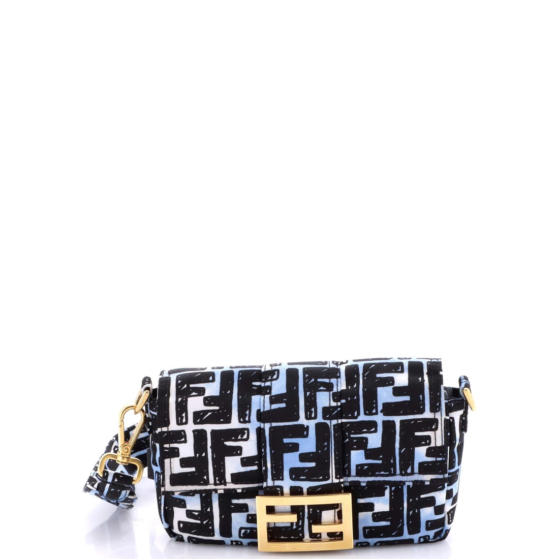 Fendi Baguette Convertible Belt Bag Printed Nylon Mini: Fendi Baguette Convertible Belt Bag Printed Nylon Mini Blue Fendi Baguette Convertible Belt Bag Mini in Nylon with Gold Hardware and Black Interior. This convertible belt bag features a printed nylon