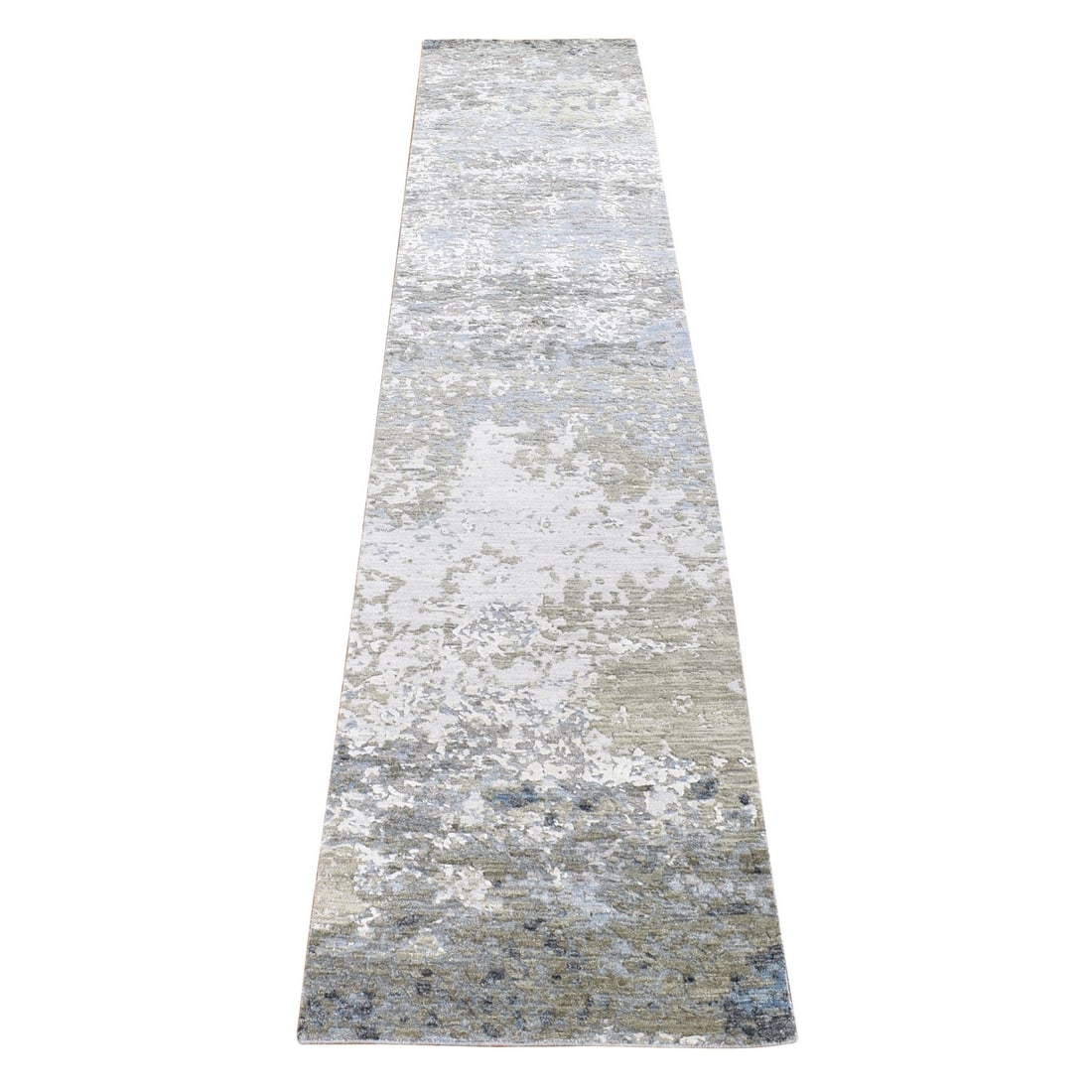 2'6"x12'1" Gray Wool Modern Abstract Design Hand Knotted Runner Rug: 2'6"x12'1" Gray Wool Modern Abstract Design Hand Knotted Runner Rug This stunning hand-knotted wool runner rug boasts an abstract design in soothing gray tones, adding a touch of modern elegance to