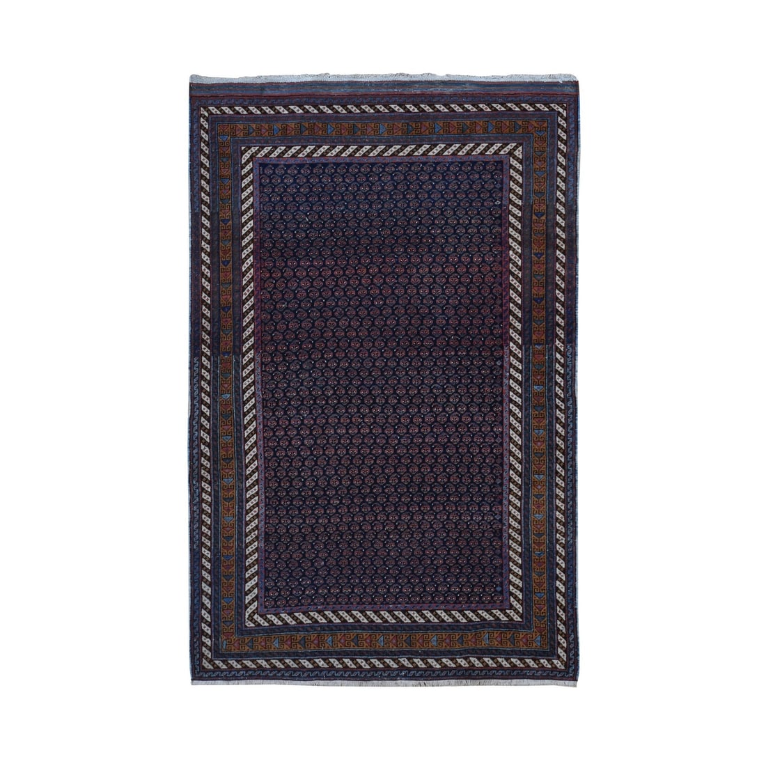 4'4"x6'10" Blue Antique Zoroastrian Hand Knotted Pure Wool Soft Clean Rug: 4'4"x6'10" Blue Antique Zoroastrian Hand Knotted Pure Wool Soft Clean Rug Blue Antique Zoroastrian Hand Knotted Pure Wool Soft Clean Rug boasts an impressive rectangular field with intricate Oriental