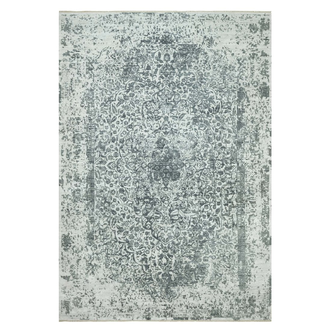 12'x18' Gray Broken Zoroastrian Hand Knotted Design Wool And Silk Rug: 12'x18' Gray Broken Zoroastrian Hand Knotted Design Wool And Silk Rug Beautifully crafted in traditional Zoroastrian style, this stunning hand-knotted rug boasts a striking gray color and intricate