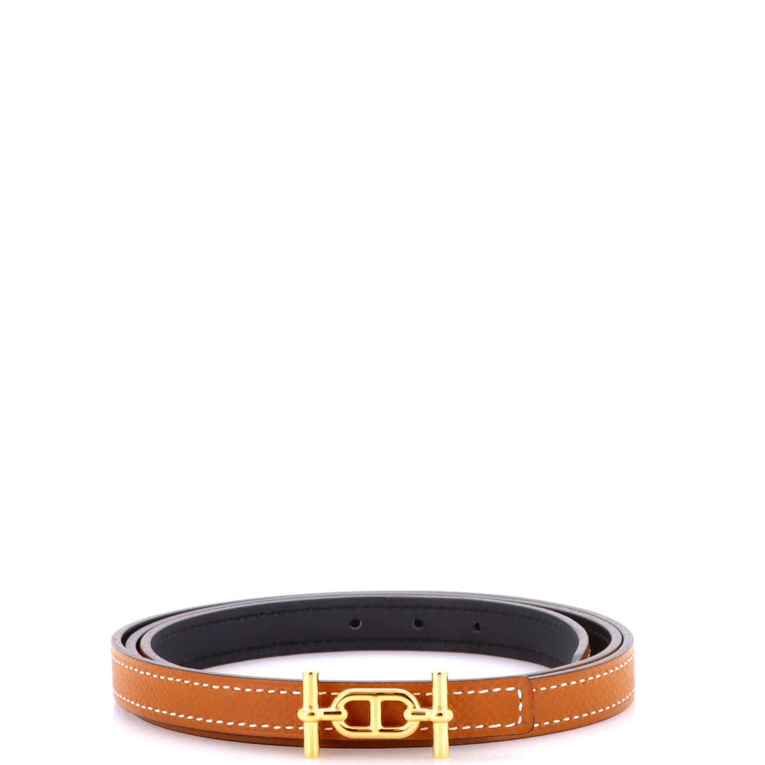 Reversible Belt Thin Leather Hermes: Reversible Belt Thin Leather Hermes Brown leather exterior, black interior, and gold hardware make up the classic design of this reversible belt. The thin size and regular length (35") provide a versa