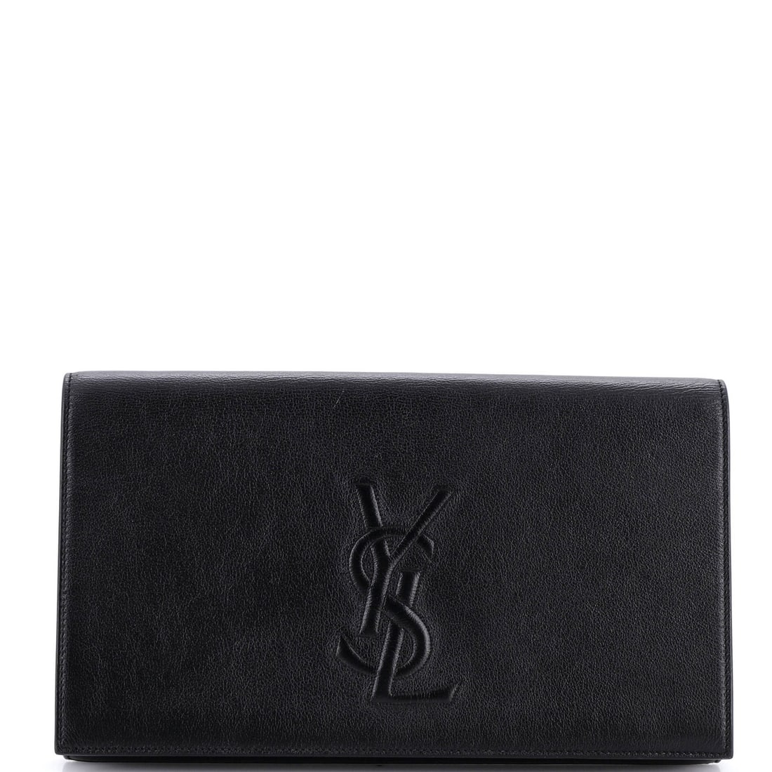 Saint Laurent Belle de Jour Clutch Leather Large: Saint Laurent Belle de Jour Clutch Leather Large Large Saint Laurent Belle de Jour Clutch in Black Leather, featuring satin interior and gold hardware. Minor scuffs and creases on exterior, with some