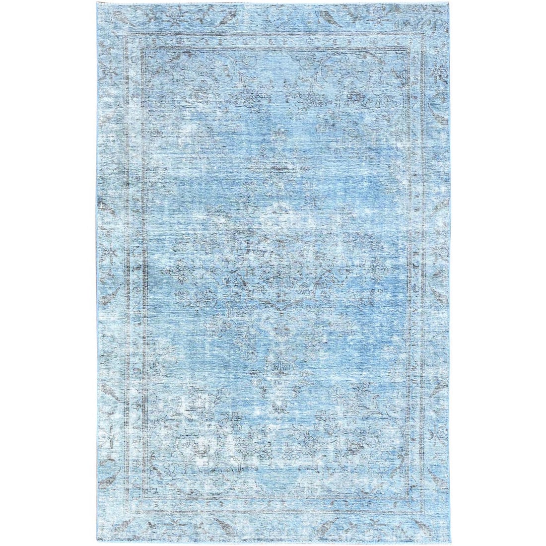 5'5"x8'10" Blue Vintage Zoroastrian Tebraz, Worn Wool Hand Knotted Rug: 5'5"x8'10" Blue Vintage Zoroastrian Tebraz, Worn Wool Hand Knotted Rug Blue Vintage Zoroastrian Tebraz Rug. This hand-knotted wool rug, measuring 5'5" x 8'10", boasts a stunning blue field with intric