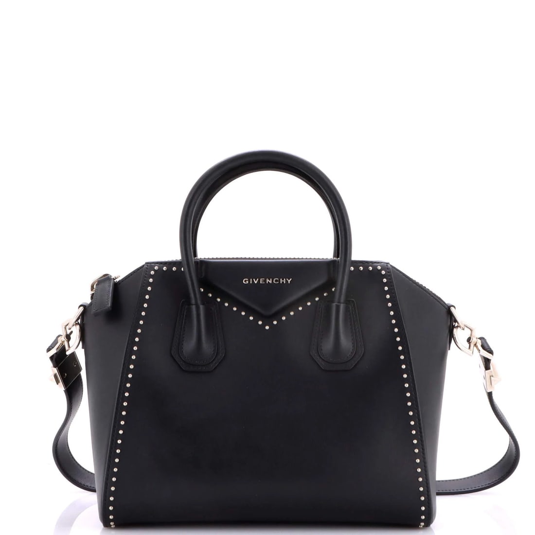 Bag Studded Leather Small Givenchy Antigona: Bag Studded Leather Small Givenchy Antigona Small Givenchy Antigona Bag in Black Studded Leather. This small satchel features heavy scuffs throughout, edge wear, and corner wear, giving it a worn-in