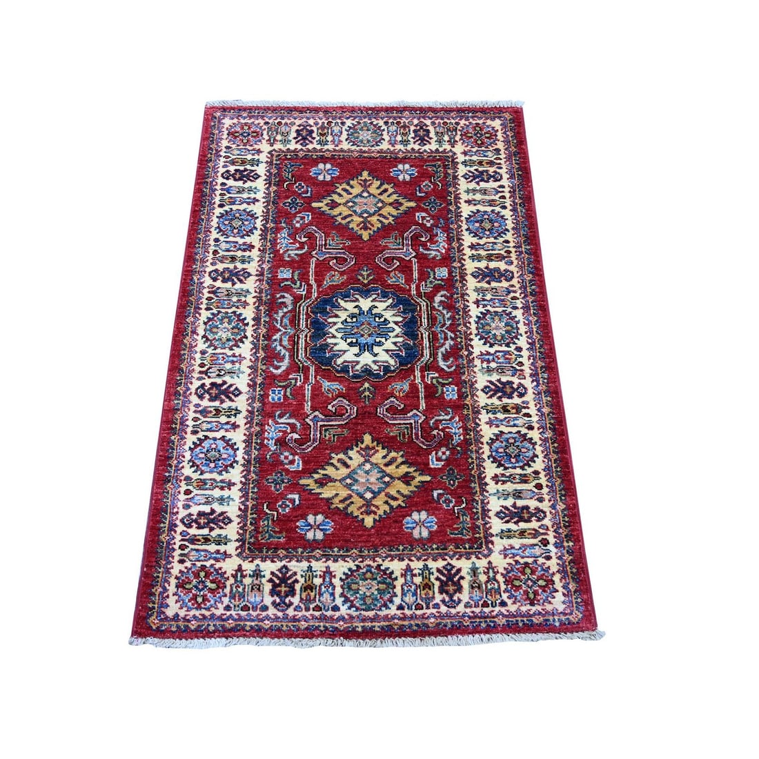 2'6"x4' Red Afghan Super Kazak Medallions Design Hand Knotted Wool Mat Rug: 2'6"x4' Red Afghan Super Kazak Medallions Design Hand Knotted Wool Mat Rug Hand-knotted in vibrant red wool, this stunning Kazak-style medallion design rug boasts intricate patterns and a rectangular
