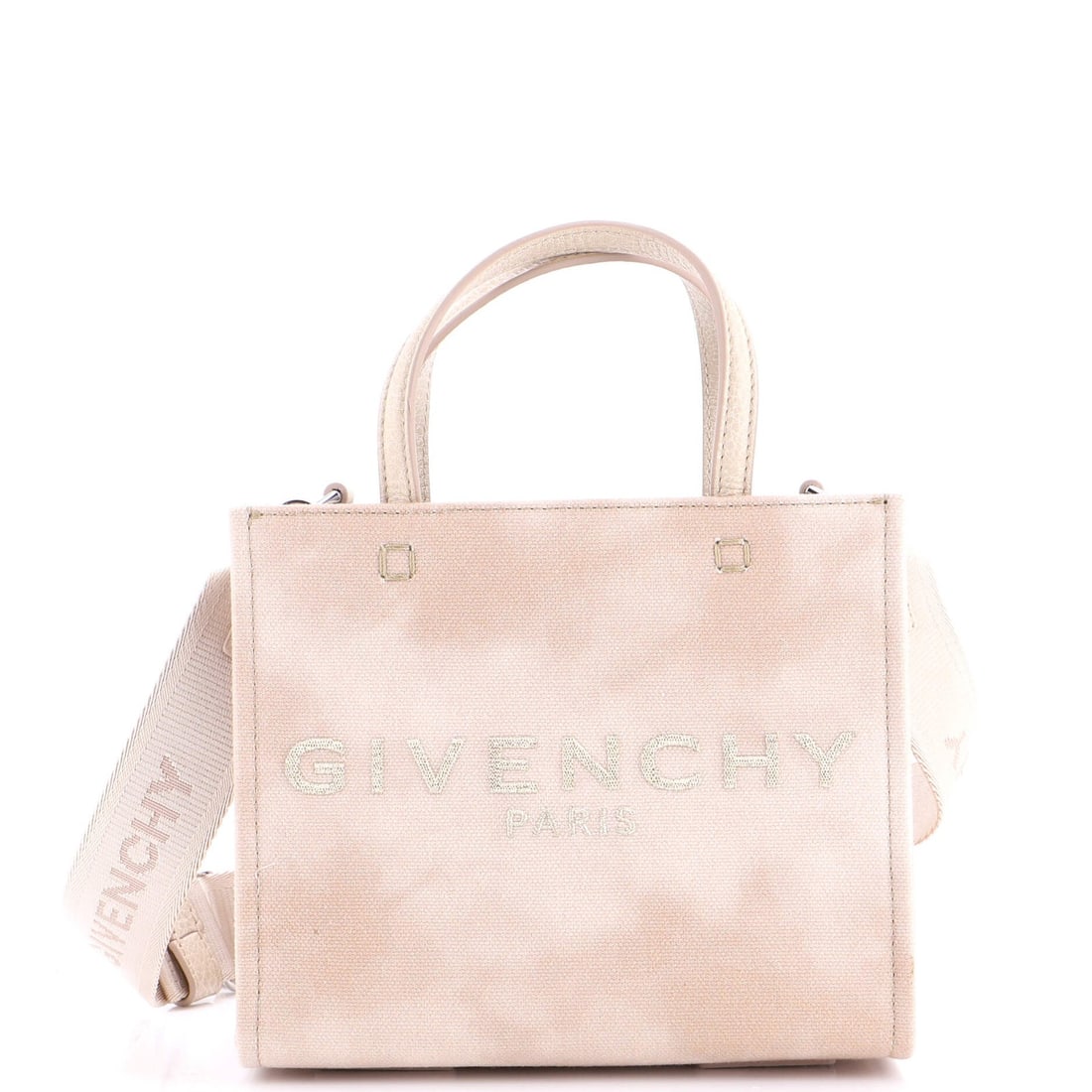 G Tote Mini Canvas By Givenchy: G Tote Mini Canvas By Givenchy The Givenchy G Tote Mini Canvas features a neutral exterior with canvas plain material, measuring 6.5" in height, 7.5" in width, and 3.5" in depth. A silver strap drop