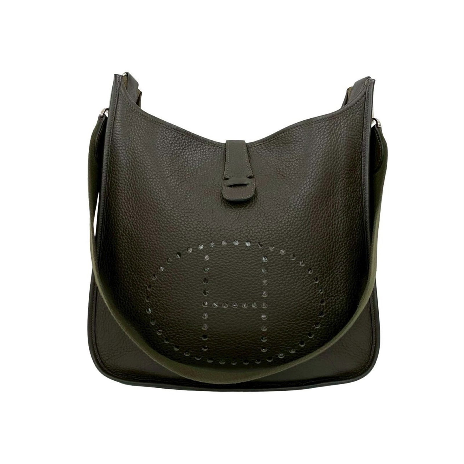 Clemence Pochette Leather Taurillon Shoulder Bag Hermes: Clemence Pochette Leather Taurillon Shoulder Bag Hermes The Clemence Pochette Leather Taurillon Shoulder Bag from Hermes boasts classic design with a timeless khaki color, characteristic of the