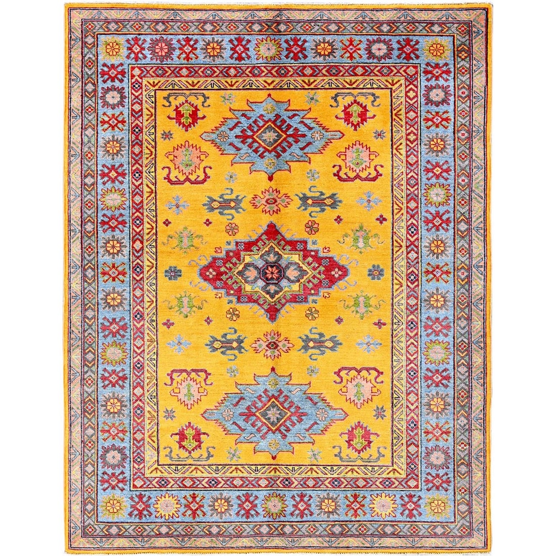Yellow Kazak with Geometric Design Hand Knotted Soft Wool Rug, 5'2"x6'7: Yellow Kazak with Geometric Design Hand Knotted Soft Wool Rug, 5'2"x6'7 Soft and vibrant, this hand-knotted wool Kazak rug boasts a stunning geometric design in shades of yellow, red, peach, green,
