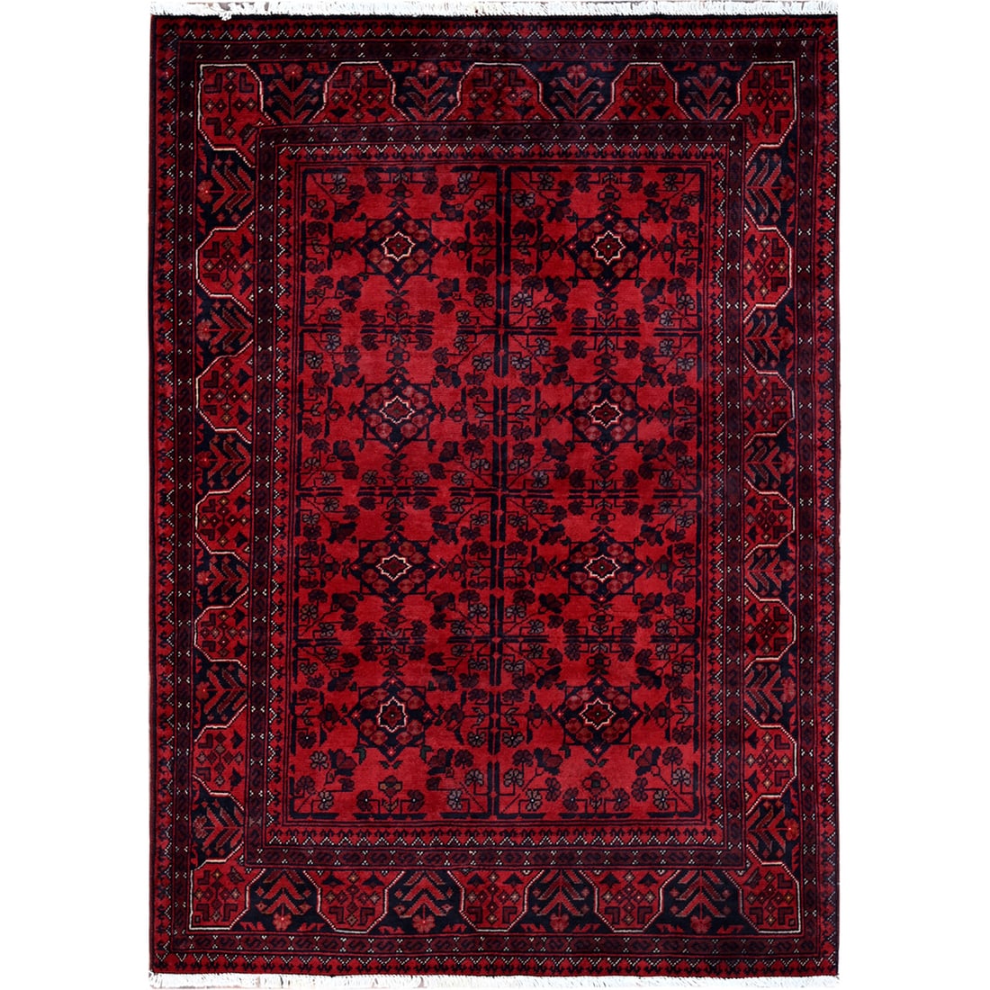 3'5"x4'10" Red Afghan Khamyab Tribal Design Hand Knotted Soft Wool Rug: 3'5"x4'10" Red Afghan Khamyab Tribal Design Hand Knotted Soft Wool Rug Soft and vibrant, this 3'5"x4'10" Red Afghan Khamyab Tribal Design Hand Knotted Soft Wool Rug boasts a stunning red color and