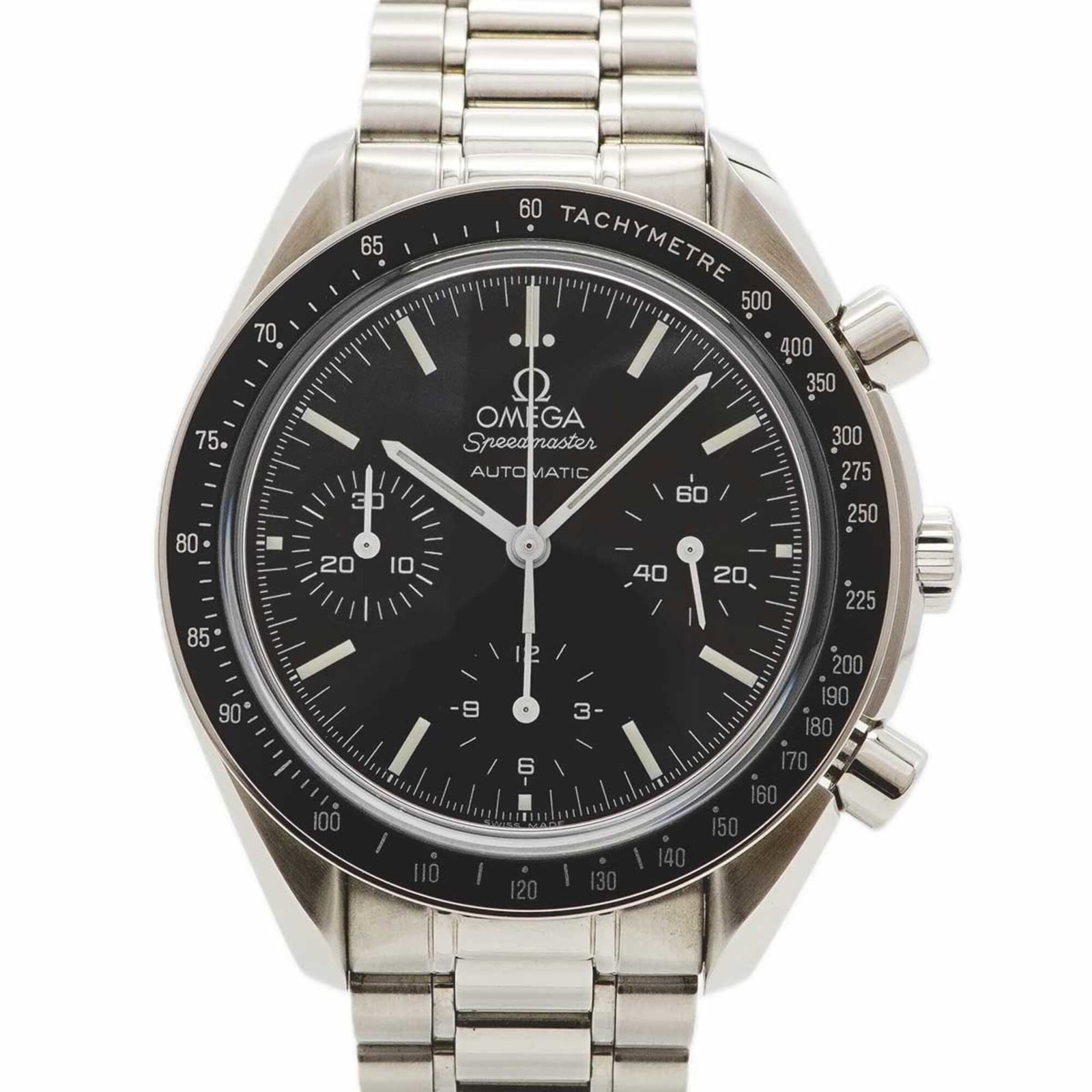 Omega Wristwatch: Omega Wristwatch Stainless steel band and black dial make up the Omega wristwatch, with a 39mm case diameter. The watch has been used, showing traces of usage with minor scratches and dirt, but