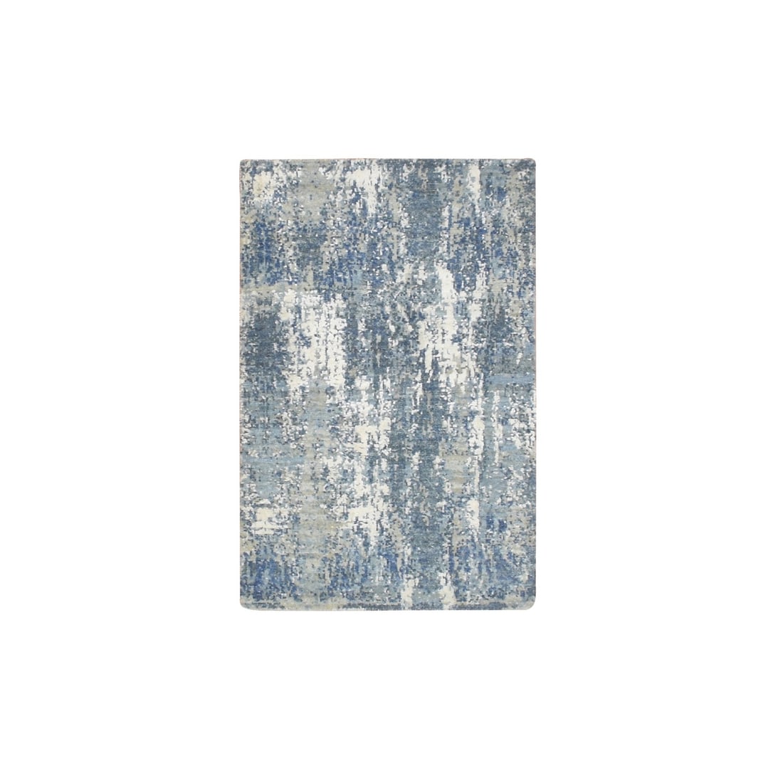 2'x3'2" Imperial Blue Abstract Design Silk and Wool Hand Knotted Mat Rug: 2'x3'2" Imperial Blue Abstract Design Silk and Wool Hand Knotted Mat Rug Abstract beauty in every step, this stunning 2'x3'2" Imperial Blue Abstract Design Silk and Wool Hand Knotted Mat Rug boasts a