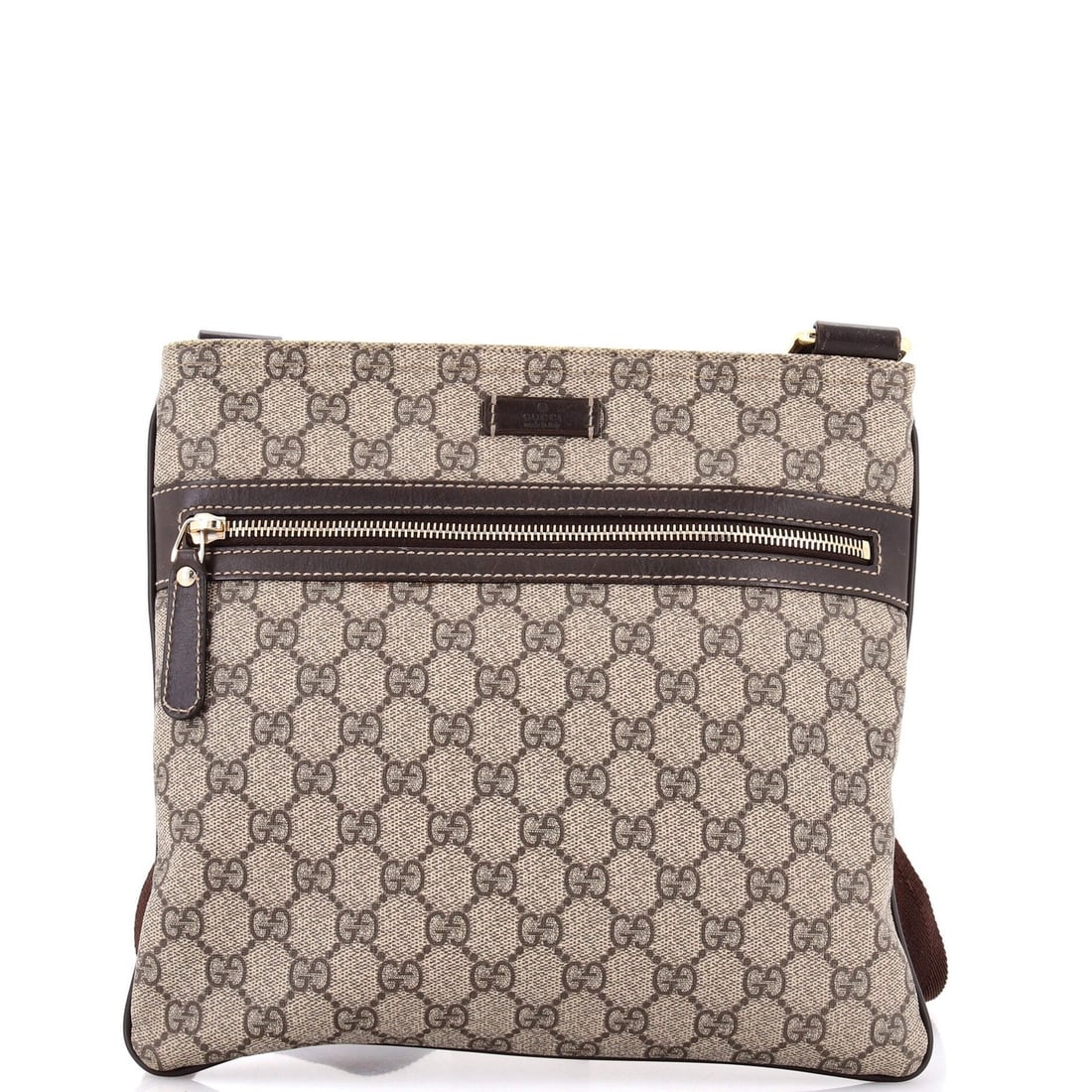 Front Zip Flat Messenger Bag Canvas Medium GG Coated Gucci: Front Zip Flat Messenger Bag Canvas Medium GG Coated Gucci Canvas medium GG Coated Gucci front zip flat messenger bag in brown, featuring a classic design with heavy edge wear and minor scuffs. The