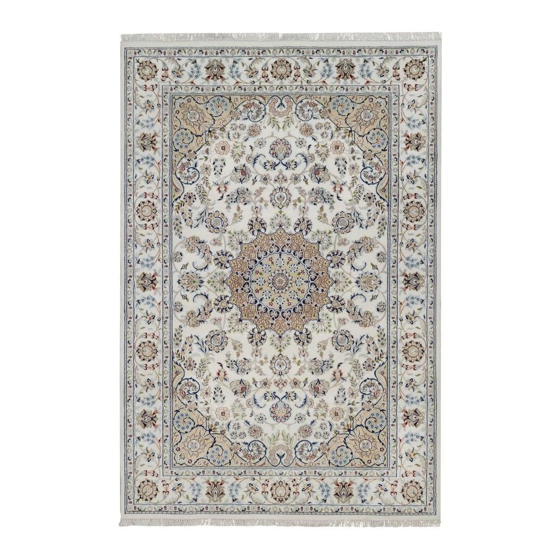 6'1"x9' Ivory Nain Medallion Design Hand Knotted Soft Pile Wool & Silk Rug: 6'1"x9' Ivory Nain Medallion Design Hand Knotted Soft Pile Wool & Silk Rug This stunning 6'1"x9' hand-knotted wool and silk rug boasts an exquisite medallion design, set against a rich ivory