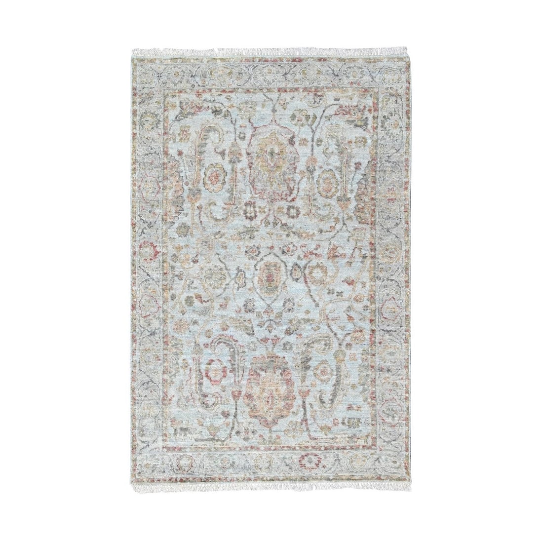 Hand Knotted Oushak Rug 3'1"x5' Light Gray with Ziegler Mahal Design Wool: Hand Knotted Oushak Rug 3'1"x5' Light Gray with Ziegler Mahal Design Wool Hand-knotted in wool, this stunning Light Gray Oushak rug boasts an intricate Ziegler Mahal design. Measuring 3'1" x 5', its