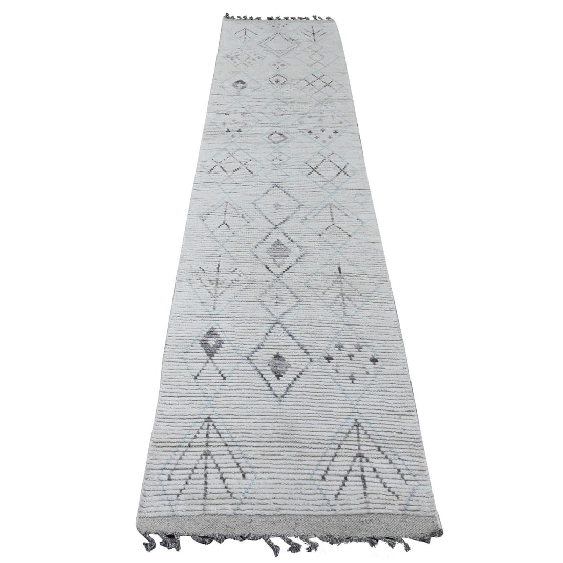 2'5"x10'6" White Geometric Moroccan Weave Wool Hand Knotted Runner Rug: 2'5"x10'6" White Geometric Moroccan Weave Wool Hand Knotted Runner Rug Hand-knotted in wool, this Moroccan-style runner rug boasts an intricate geometric weave in ivory and subtle blue-gray undertones