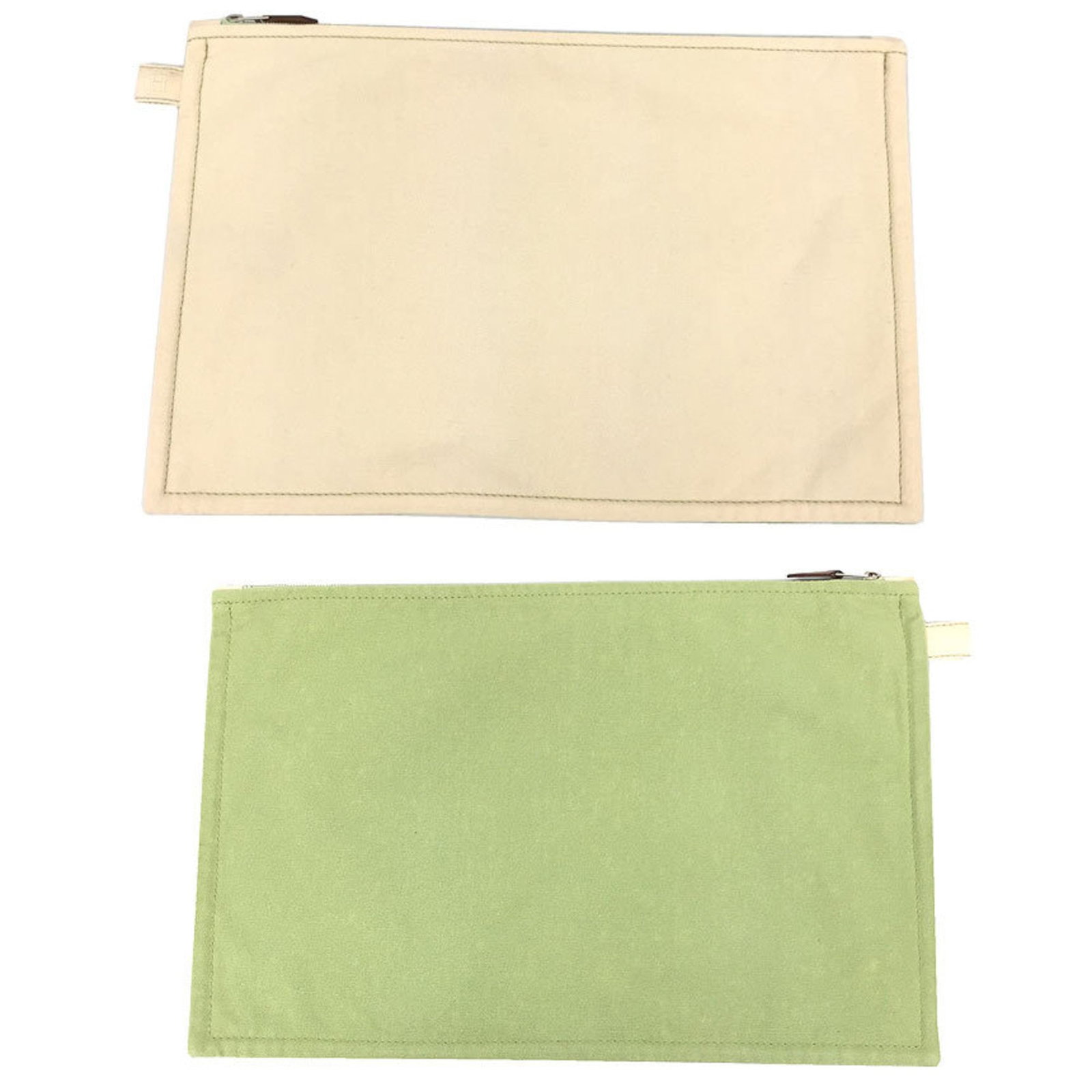 Cotton canvas pouch clutch bag by Hermes: Cotton canvas pouch clutch bag by Hermes Cotton canvas pouch clutch bag by Hermes, featuring a timeless cream and lime green color combination. This versatile bag measures 24cm x 36cm and boasts a