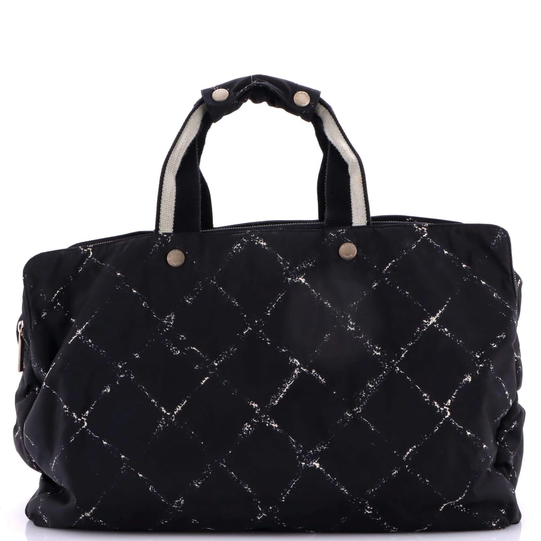 Boston Bag Nylon Printed Medium Chanel Travel: Boston Bag Nylon Printed Medium Chanel Travel Black and White Nylon Print Medium Boston Bag by Chanel Travel Line, featuring a unique printed design on the exterior. This medium-sized shoulder bag