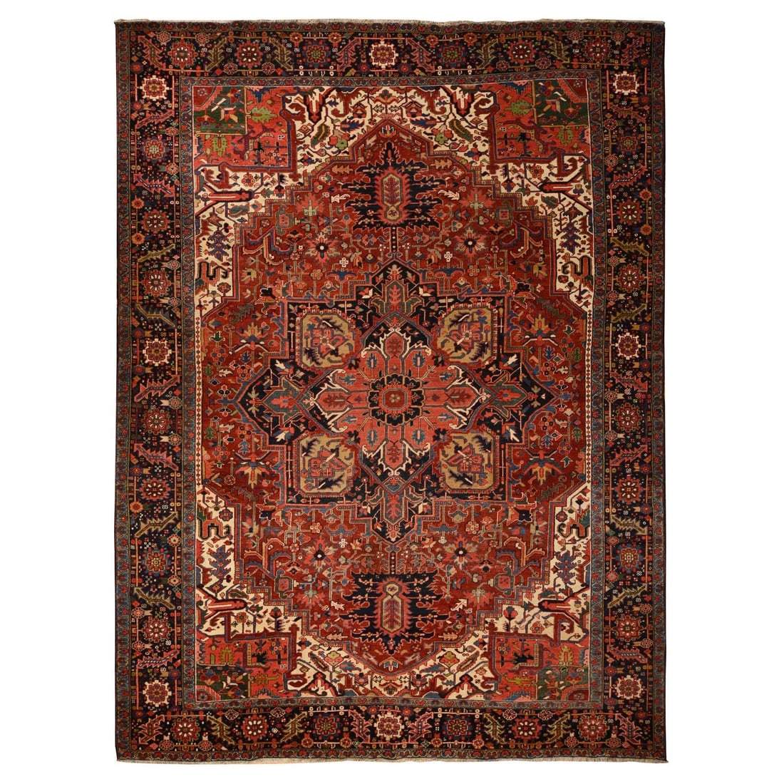 11'x14'7" Red Antique Zoroastrian Heris Wool Hand Knotted Oversized Rug: 11'x14'7" Red Antique Zoroastrian Heris Wool Hand Knotted Oversized Rug This stunning 11'x14'7" Heris wool hand-knotted rug boasts an impressive red color and intricate oriental design,