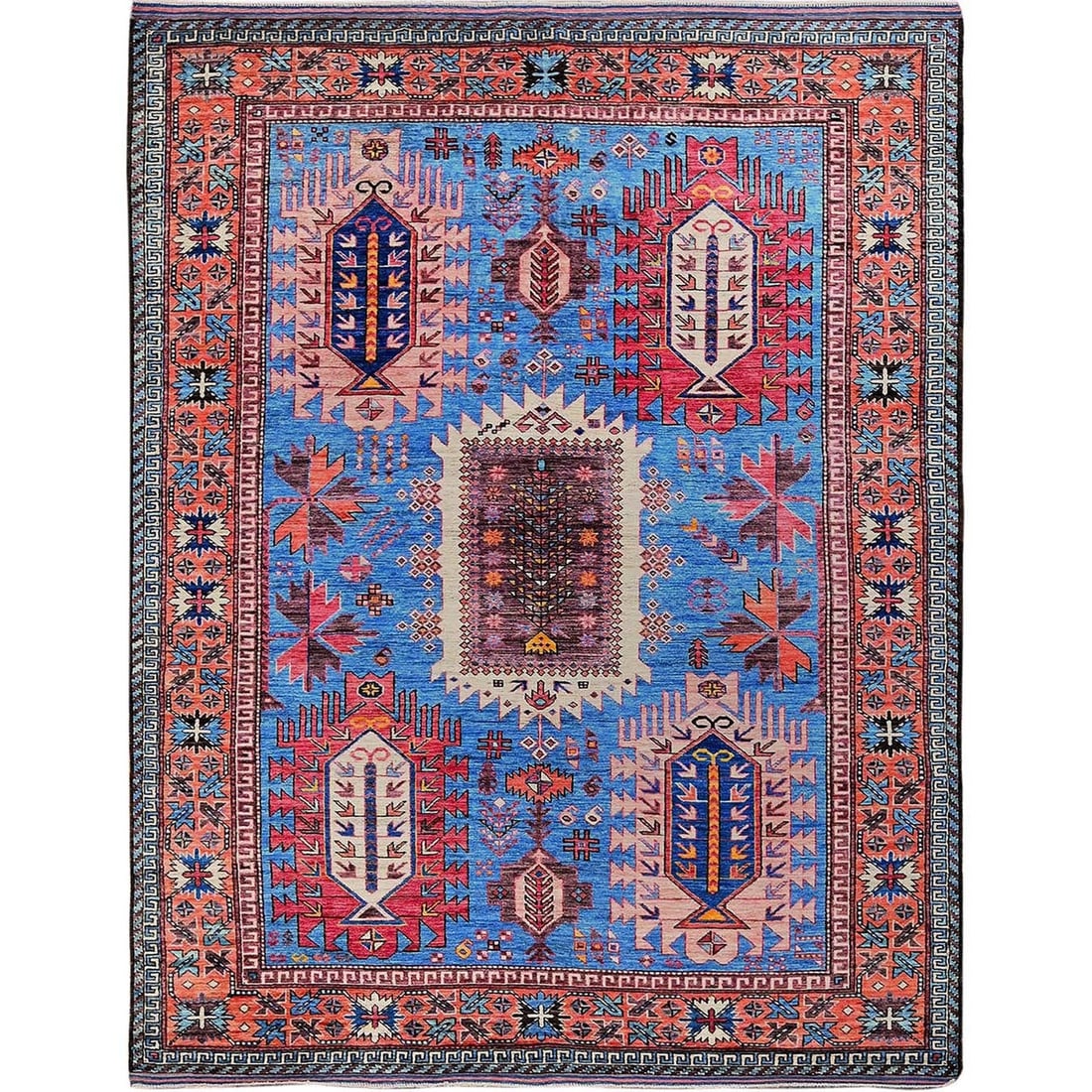 6'x7'8" Blue Afghan Ersari Caucasian Design Revival Hand Knotted Wool Rug: 6'x7'8" Blue Afghan Ersari Caucasian Design Revival Hand Knotted Wool Rug The 6'x7'8" Blue Afghan Ersari Caucasian Design Revival Hand Knotted Wool Rug boasts an exquisite blue field with intricate
