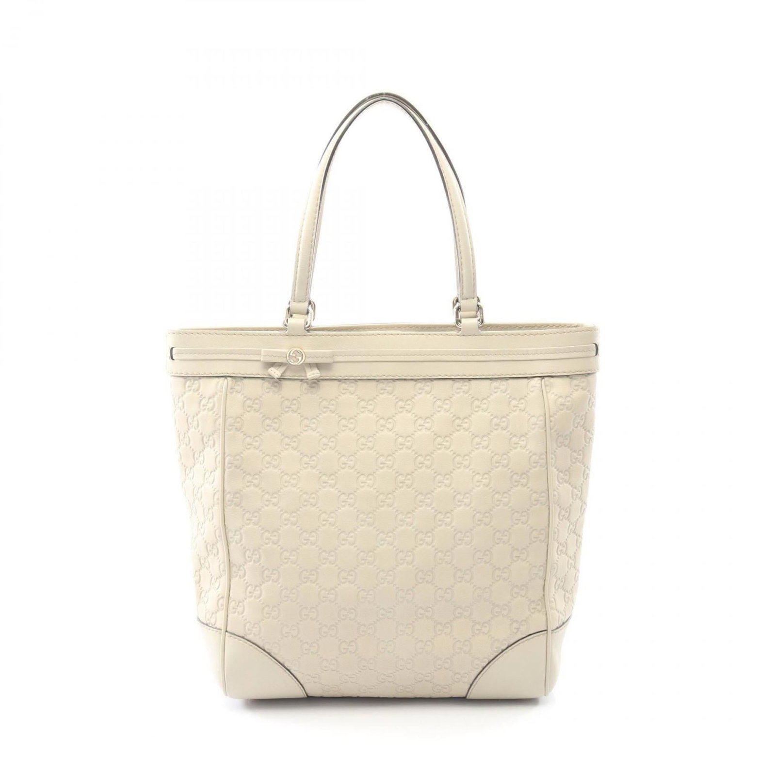 Tote bag leather by Gucci: Tote bag leather by Gucci Gucci's iconic tote bag features high-quality leather construction in a timeless beige color. This pre-owned tote has visible signs of usage, including scratches and dirt,