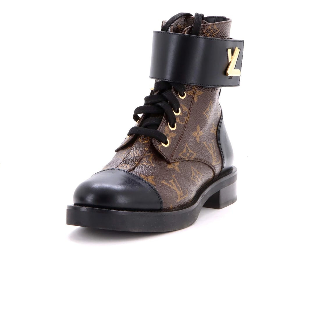 Monogram canvas leather ranger flat women's boots from Louis Vuitton: Monogram canvas leather ranger flat women's boots from Louis Vuitton Canvas-coated leather exterior, gold hardware, and black interior make up the Women's Wonderland Flat Ranger Boots from Louis Vuitt
