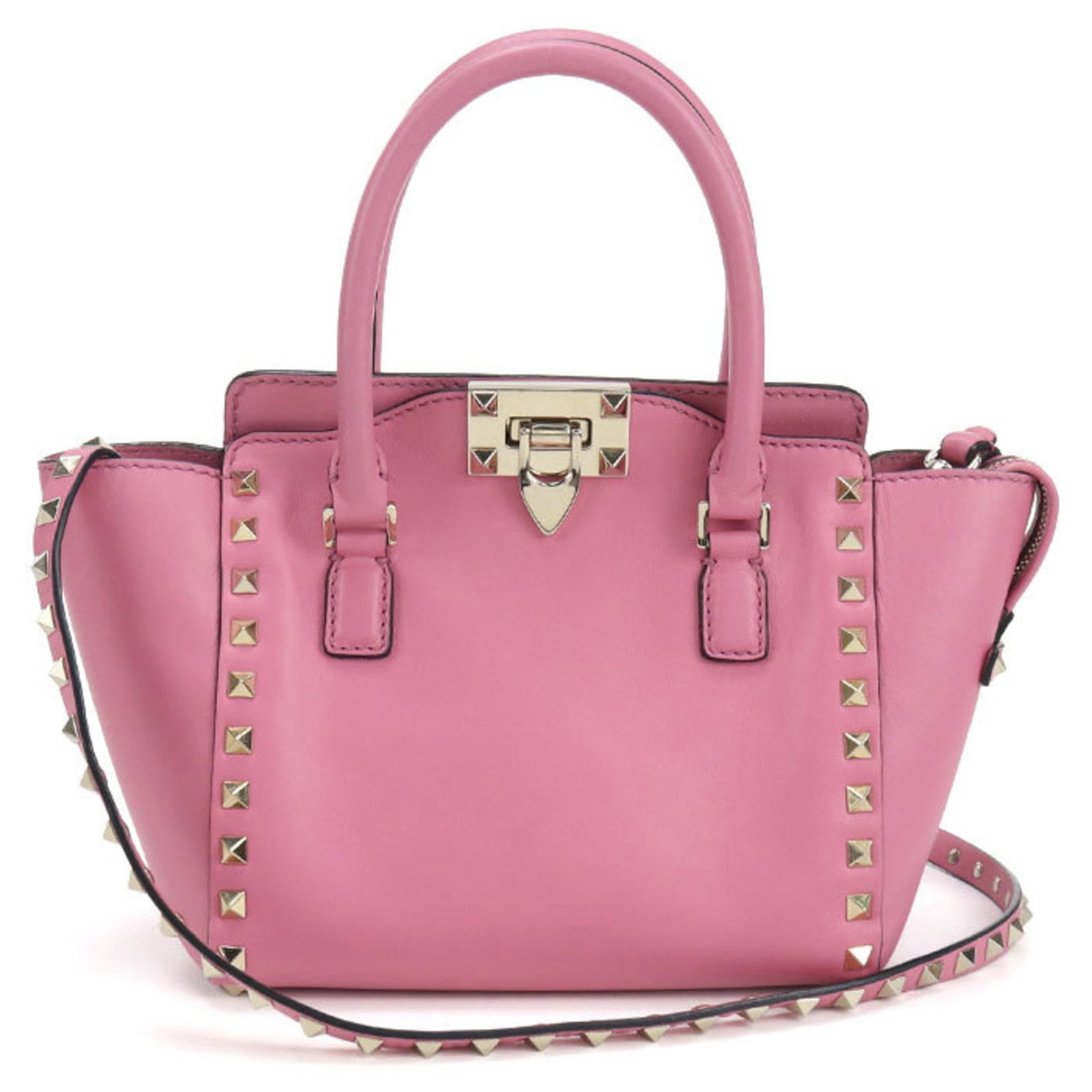 Garavani Valentino Handbag Leather: Garavani Valentino Handbag Leather Valentino Garavani Handbag Leather in Pink features a gold hardware accent, showcasing the luxury and sophistication of this iconic design. This used handbag boasts