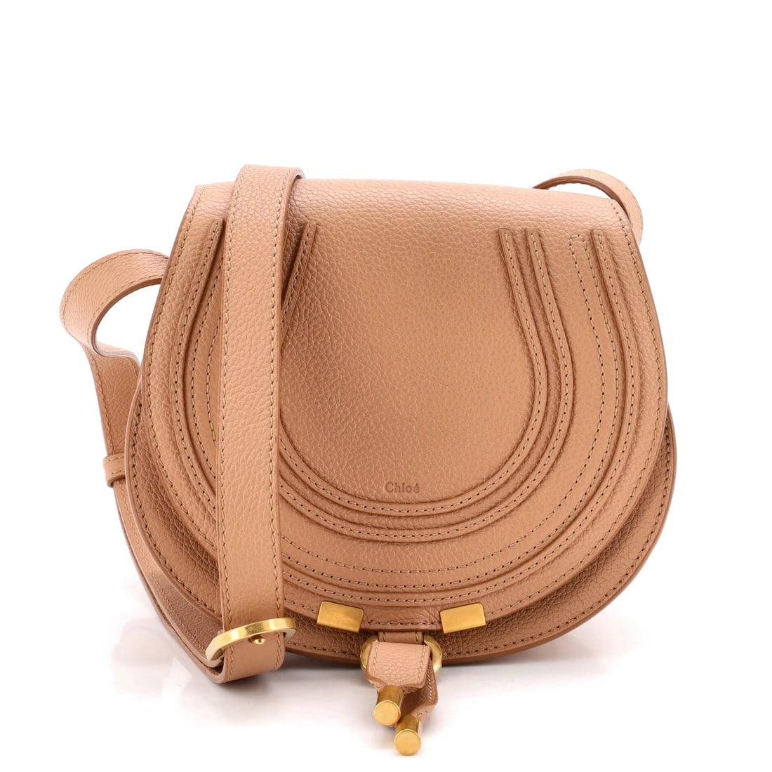 Small leather bag by Chloe Marcie: Small leather bag by Chloe Marcie Small, neutral-colored leather crossbody bag by Chloe Marcie with gold hardware, featuring a classic design and subtle wear. The bag measures 7" x 7.5" x 4" and has
