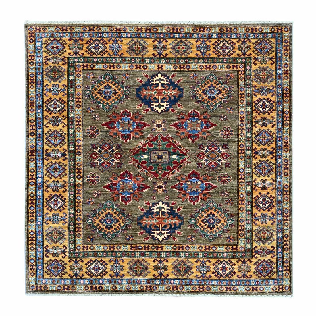 6'x6' Brown Super Kazak Medallions Design Hand Knotted Wool Square Rug: 6'x6' Brown Super Kazak Medallions Design Hand Knotted Wool Square Rug Hand-knotted in traditional Afghan wool, this stunning 6'x6' Brown Super Kazak Medallions Design rug boasts a rich, all-over