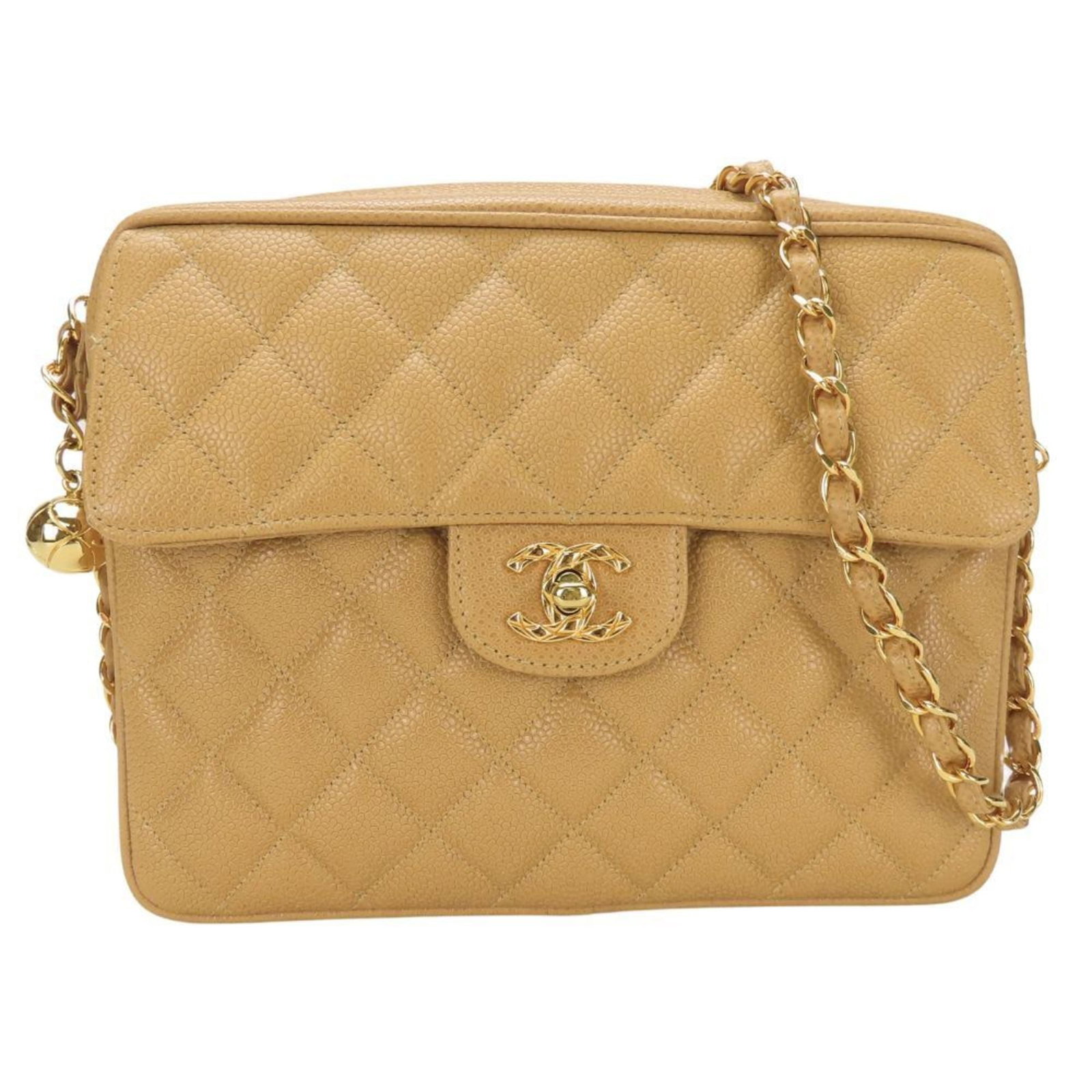 Calfskin shoulder bag by Chanel: Calfskin shoulder bag by Chanel Calfskin shoulder bag by Chanel, featuring grained calfskin and a zipper closure in beige. This classic design measures 17.5cm x 22.5cm x 6.5cm and weighs 600g, with