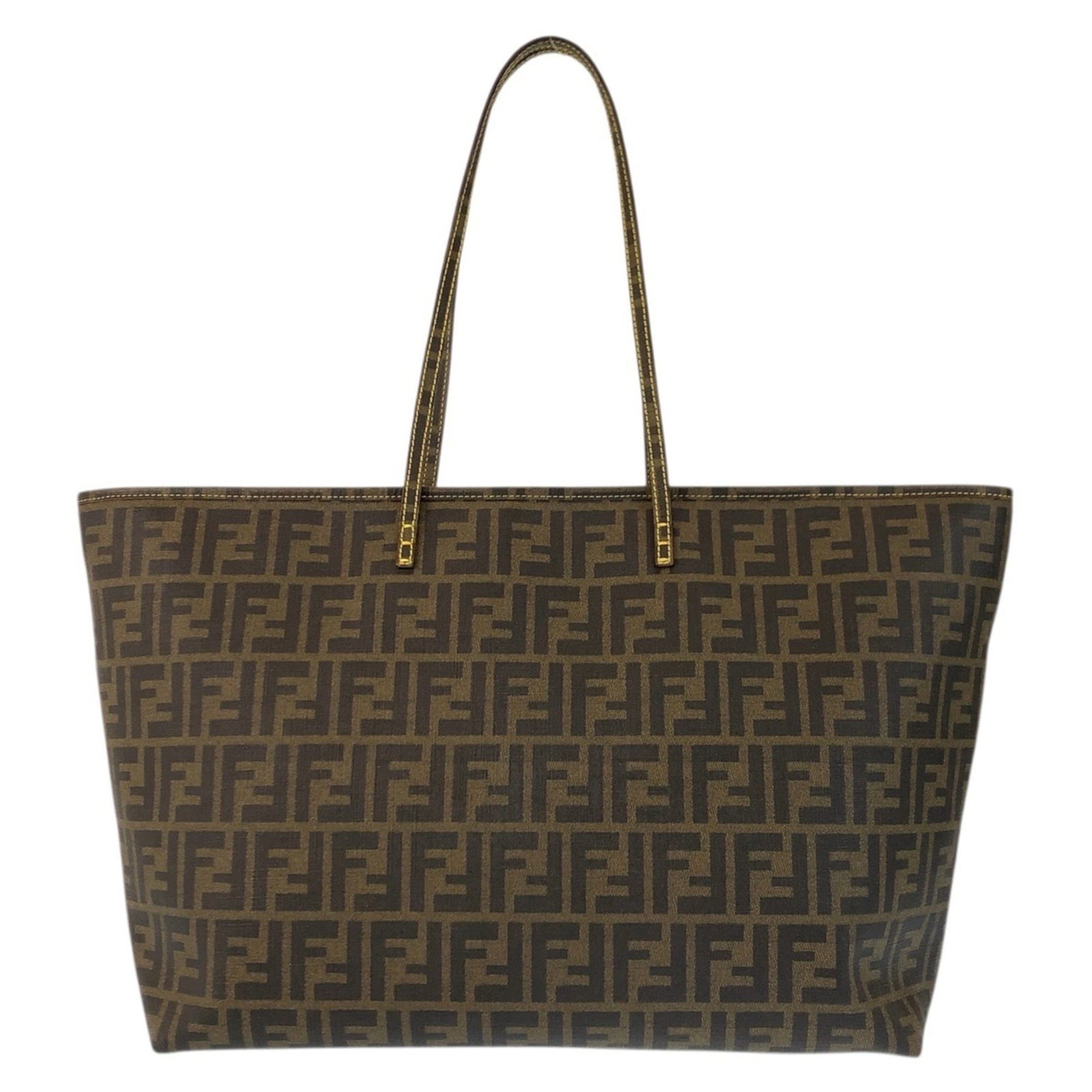 Fendi Shoulder Bag Tote Bag Pvc: Fendi Shoulder Bag Tote Bag Pvc Brown and yellow Fendi Pvc Shoulder Bag Tote measures 30cm x 52cm x 16cm, featuring gold hardware. Used condition with traces of usage, scratches, and dirt, but