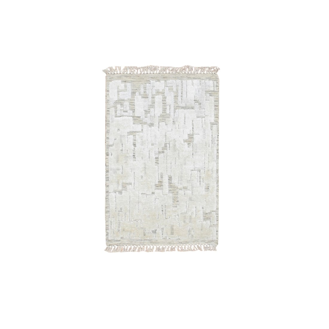 2'x3' Ivory Modern Hand Knotted Pure Silk Textured Tone on Tone Mat Oriental: 2'x3' Ivory Modern Hand Knotted Pure Silk Textured Tone on Tone Mat Oriental This stunning 2'x3' hand-knotted pure silk rug boasts an all-over ivory tone on tone design, creating a modern and